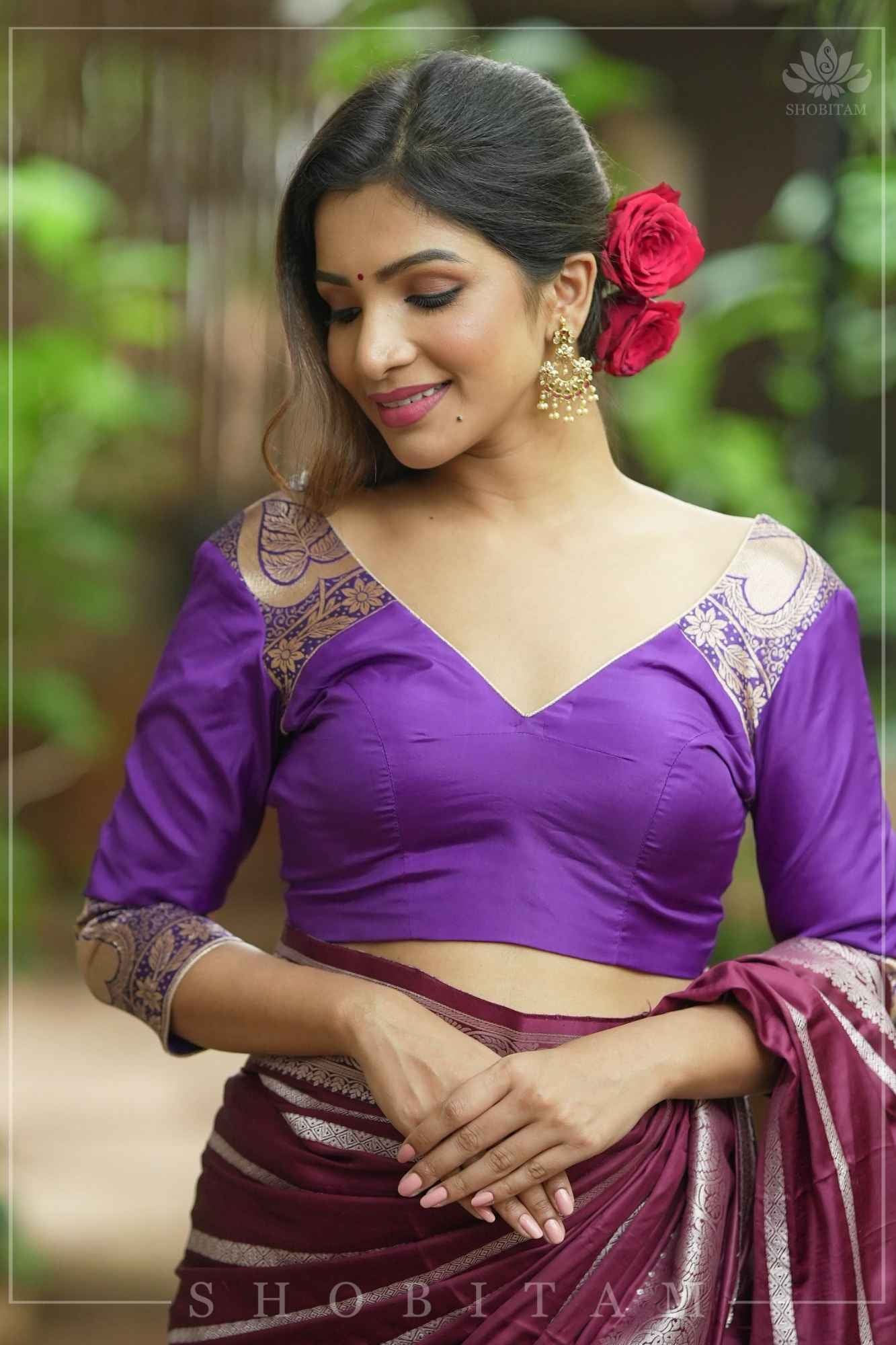 Purple silk & brocade V neck blouse with 3/4th sleeves, Made to Order