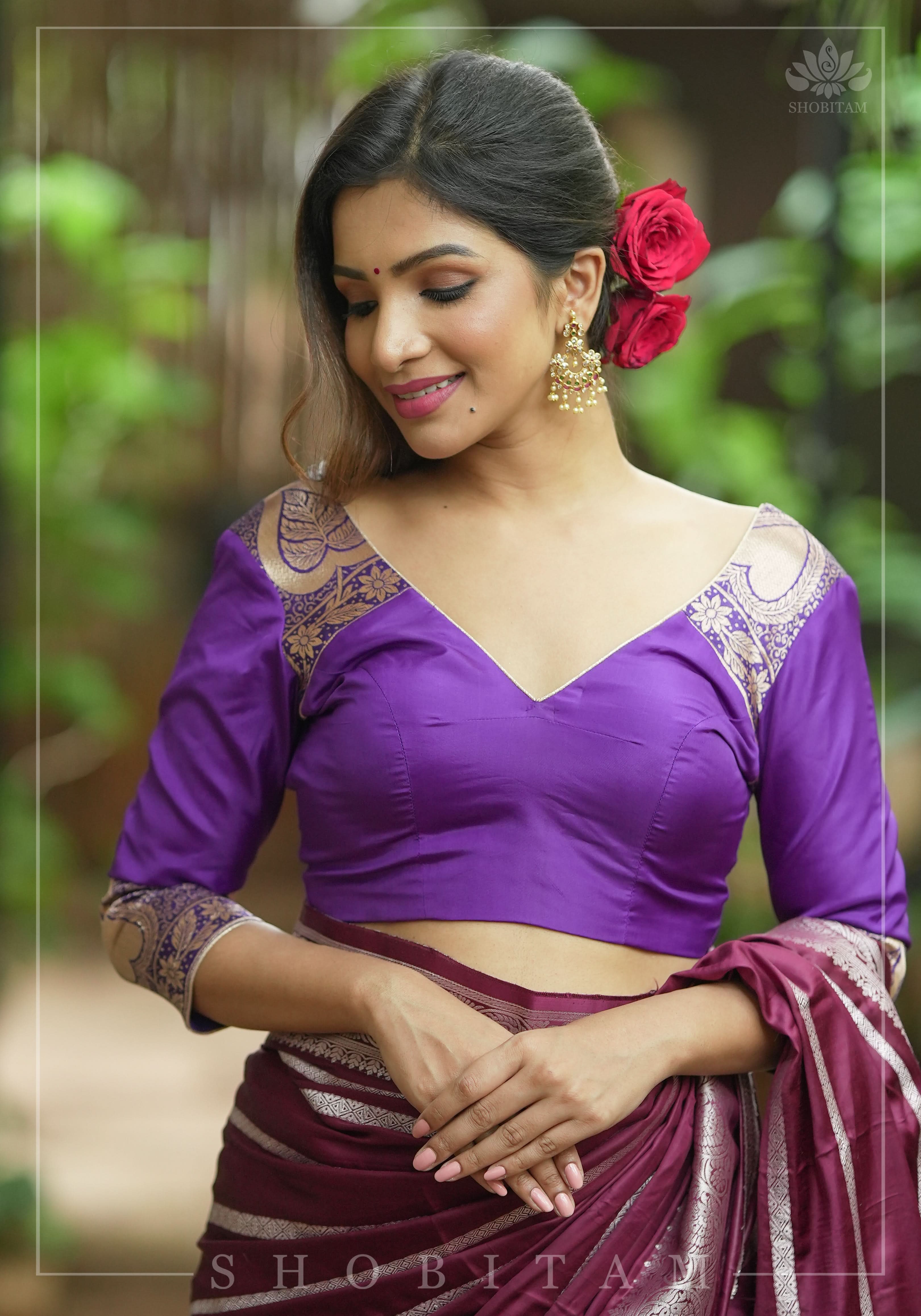 Purple silk & brocade V neck blouse with 3/4th sleeves, Made to Order | Shobitam