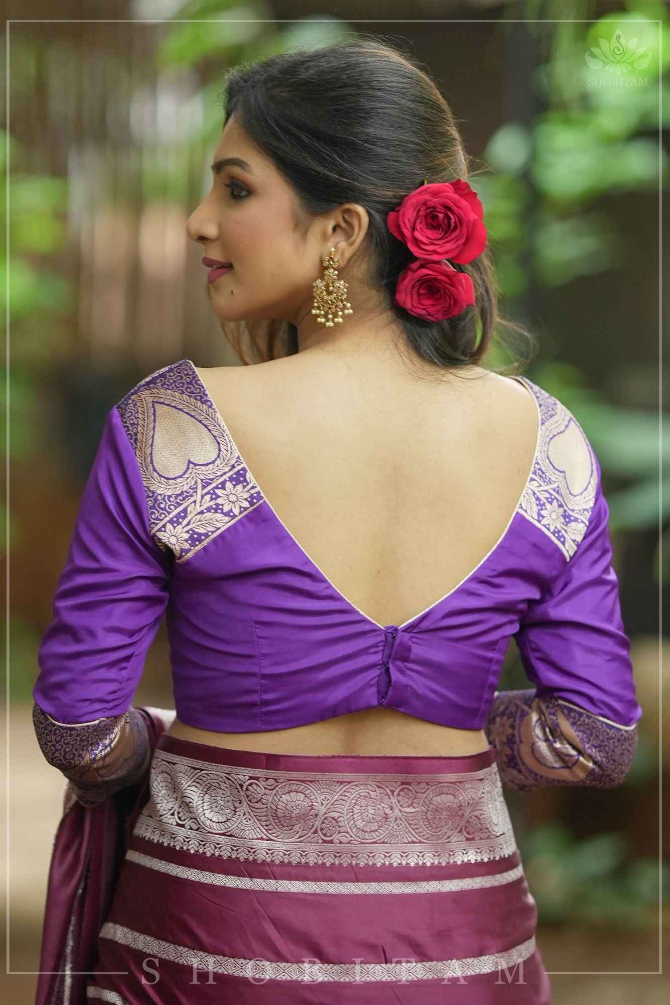 Purple silk & brocade V neck blouse with 3/4th sleeves, Made to Order