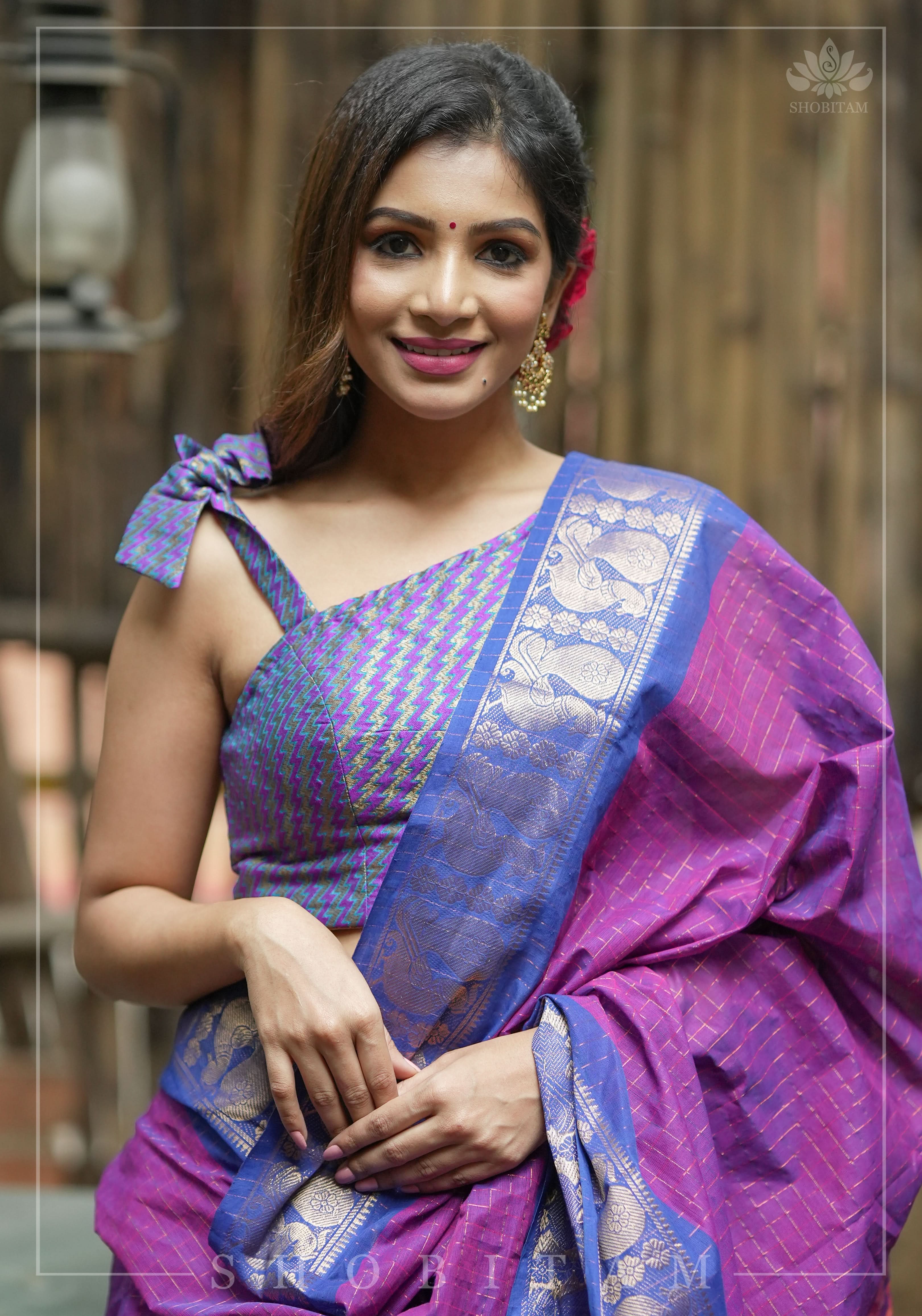 Purple Blue jacquard one shoulder blouse crop top, Made to Order | Shobitam