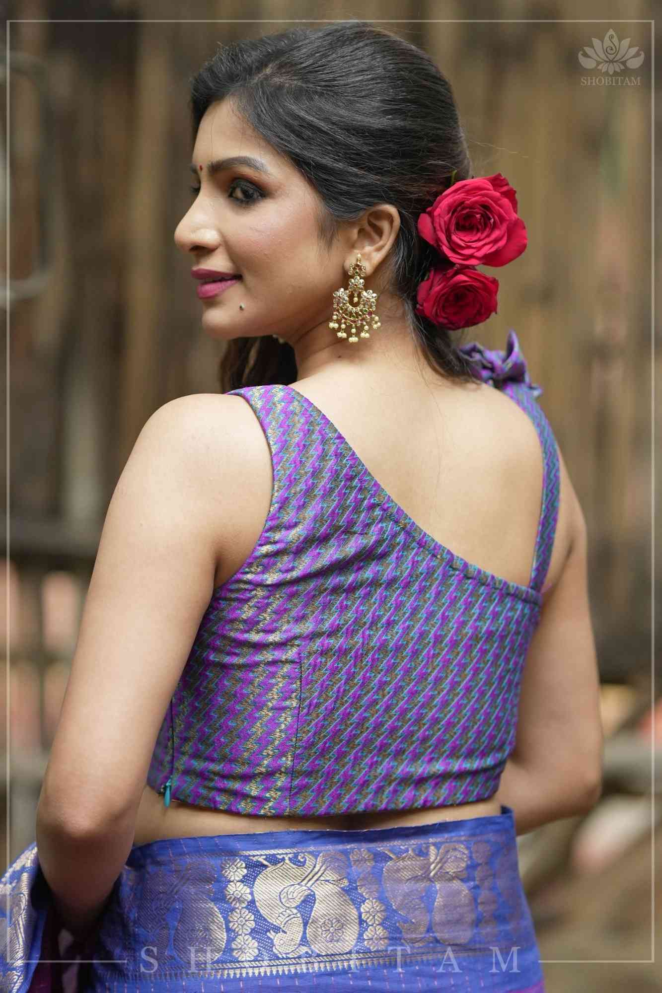 Purple Blue jacquard one shoulder blouse crop top, Made to Order