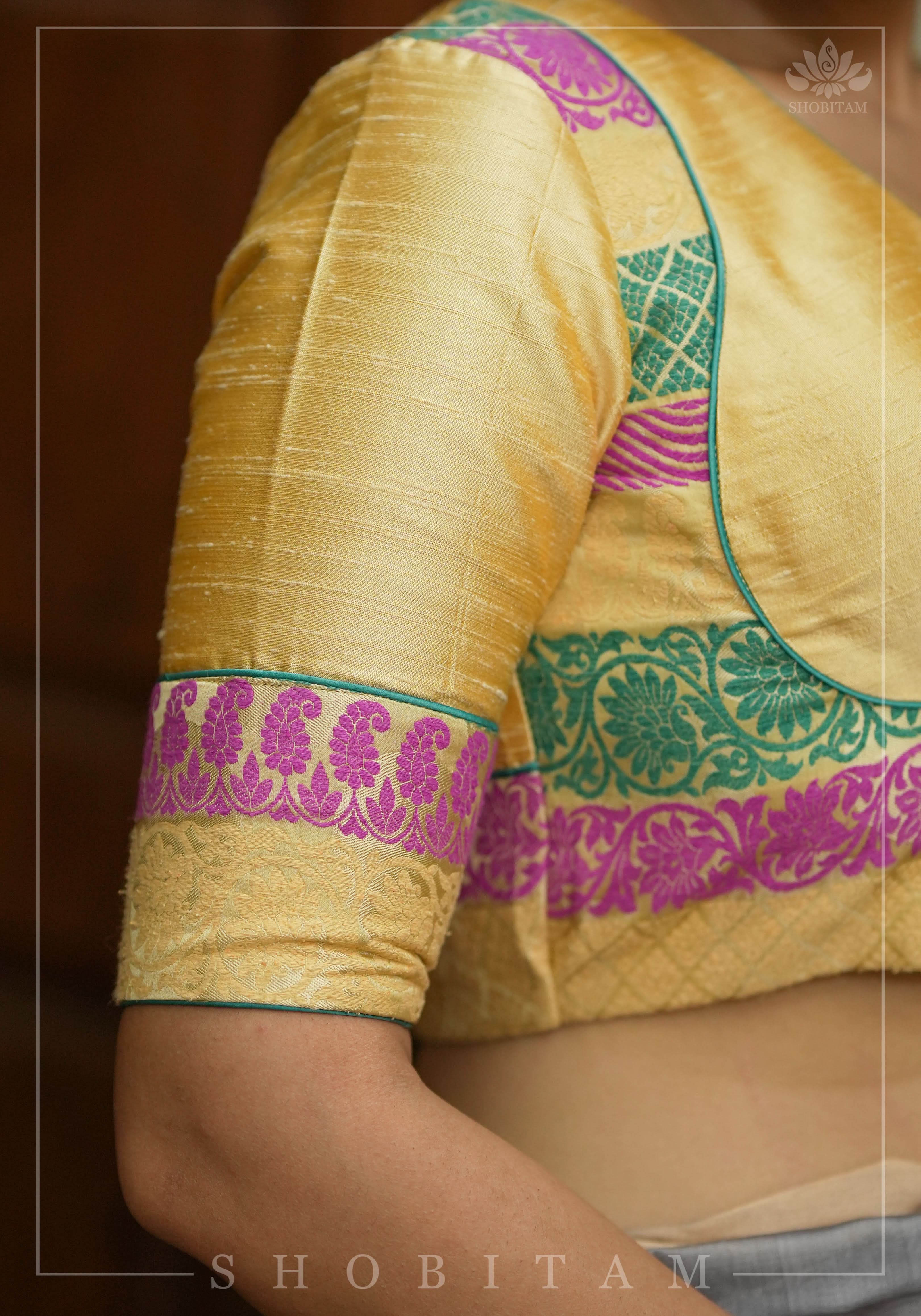 Cream Pure Raw Silk and Brocade Mix and Match Blouse, Made to Order | Shobitam