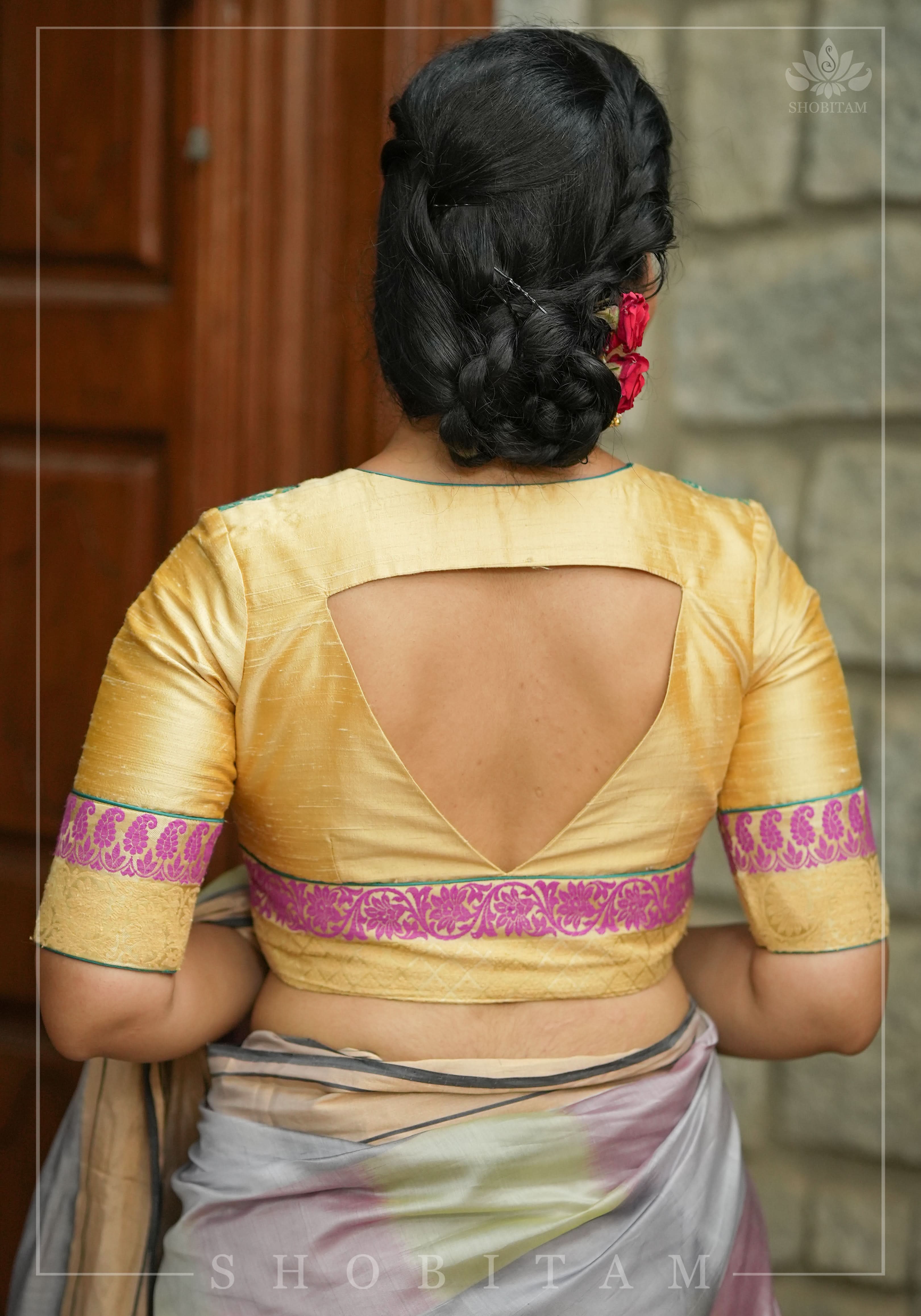 Cream Pure Raw Silk and Brocade Mix and Match Blouse, Made to Order | Shobitam