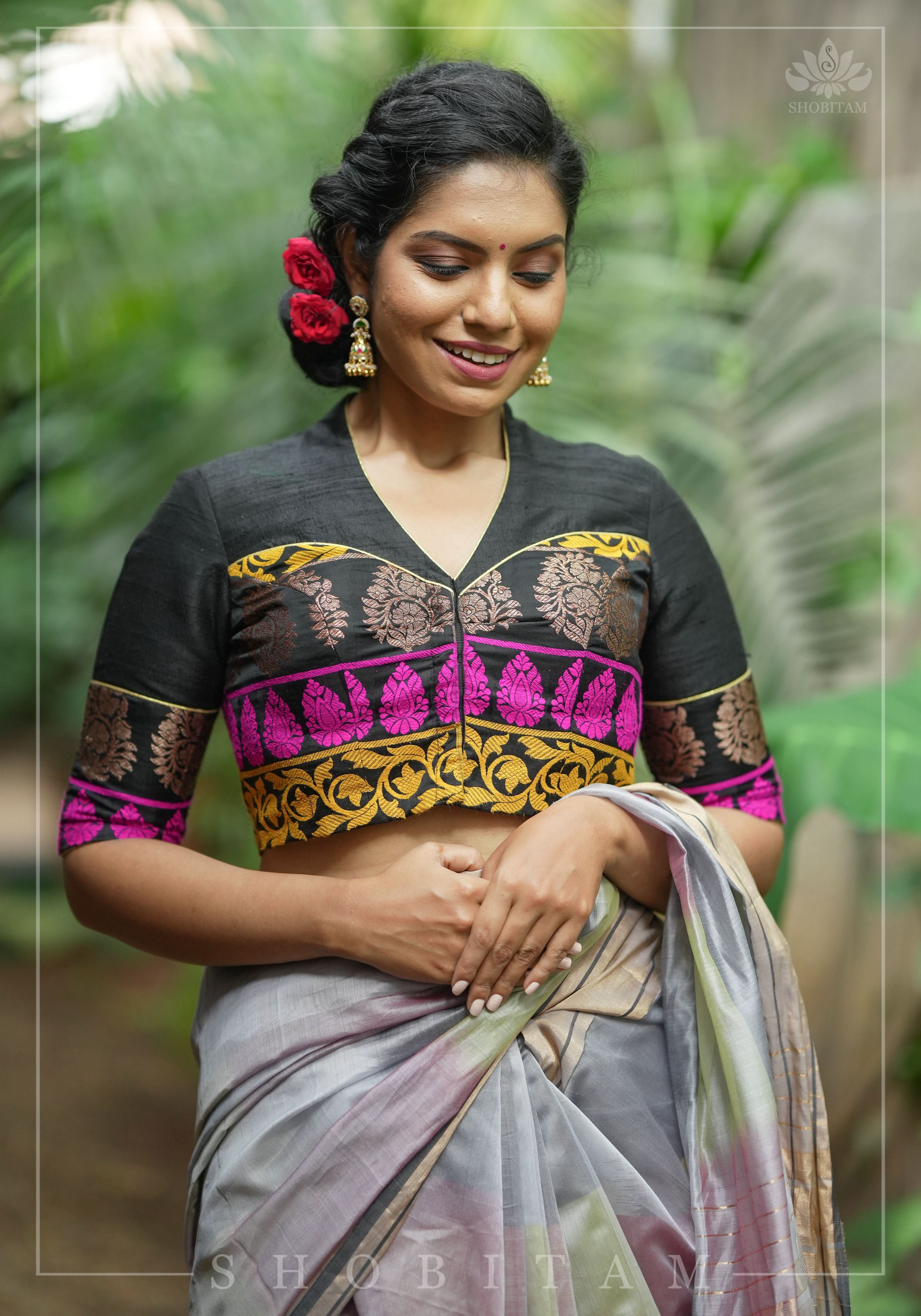 Black Pure Raw Silk with Meenakari Brocade Border V Neck Blouse, Made to Order | Shobitam