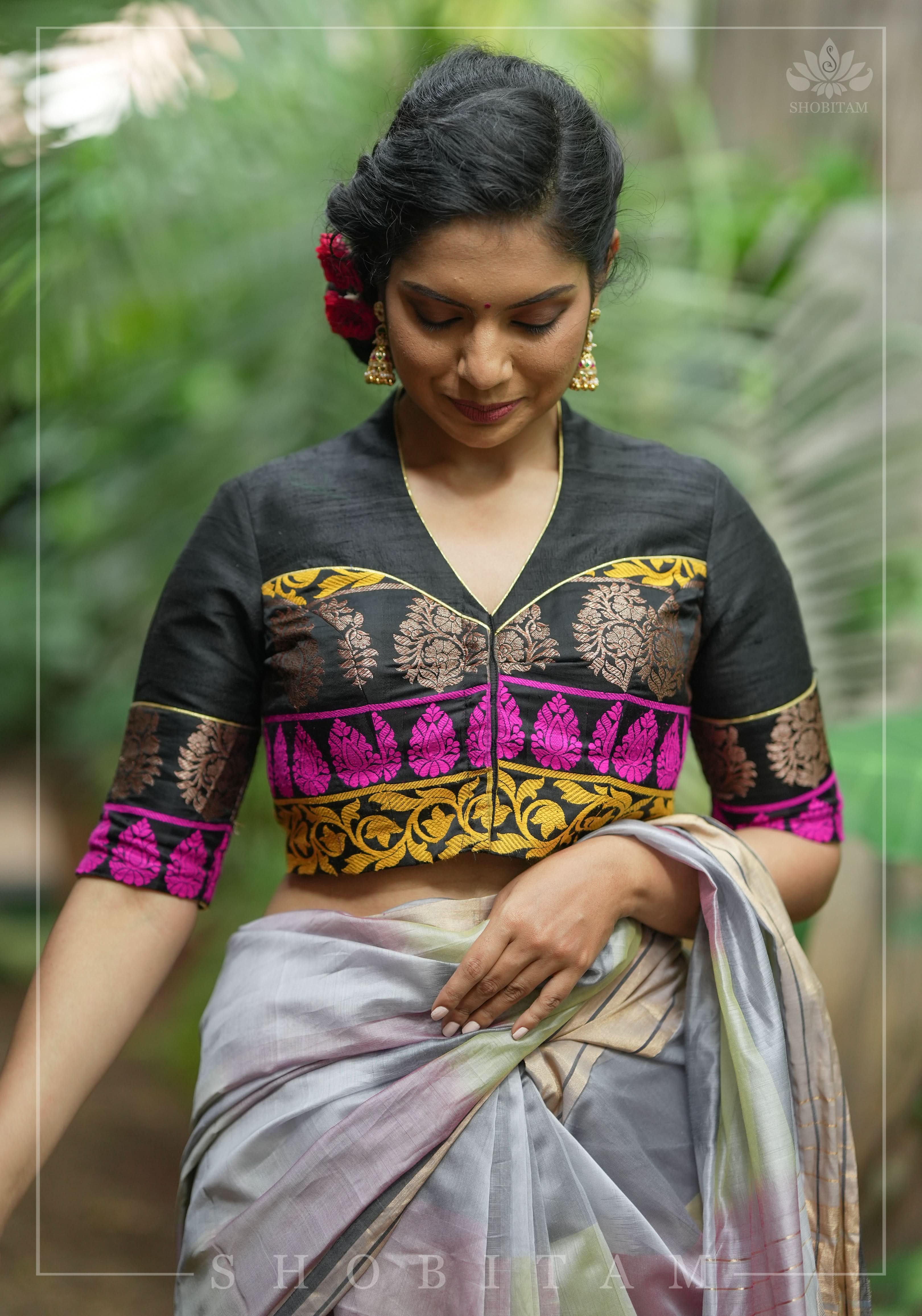 Black Pure Raw Silk with Meenakari Brocade Border V Neck Blouse, Made to Order | Shobitam