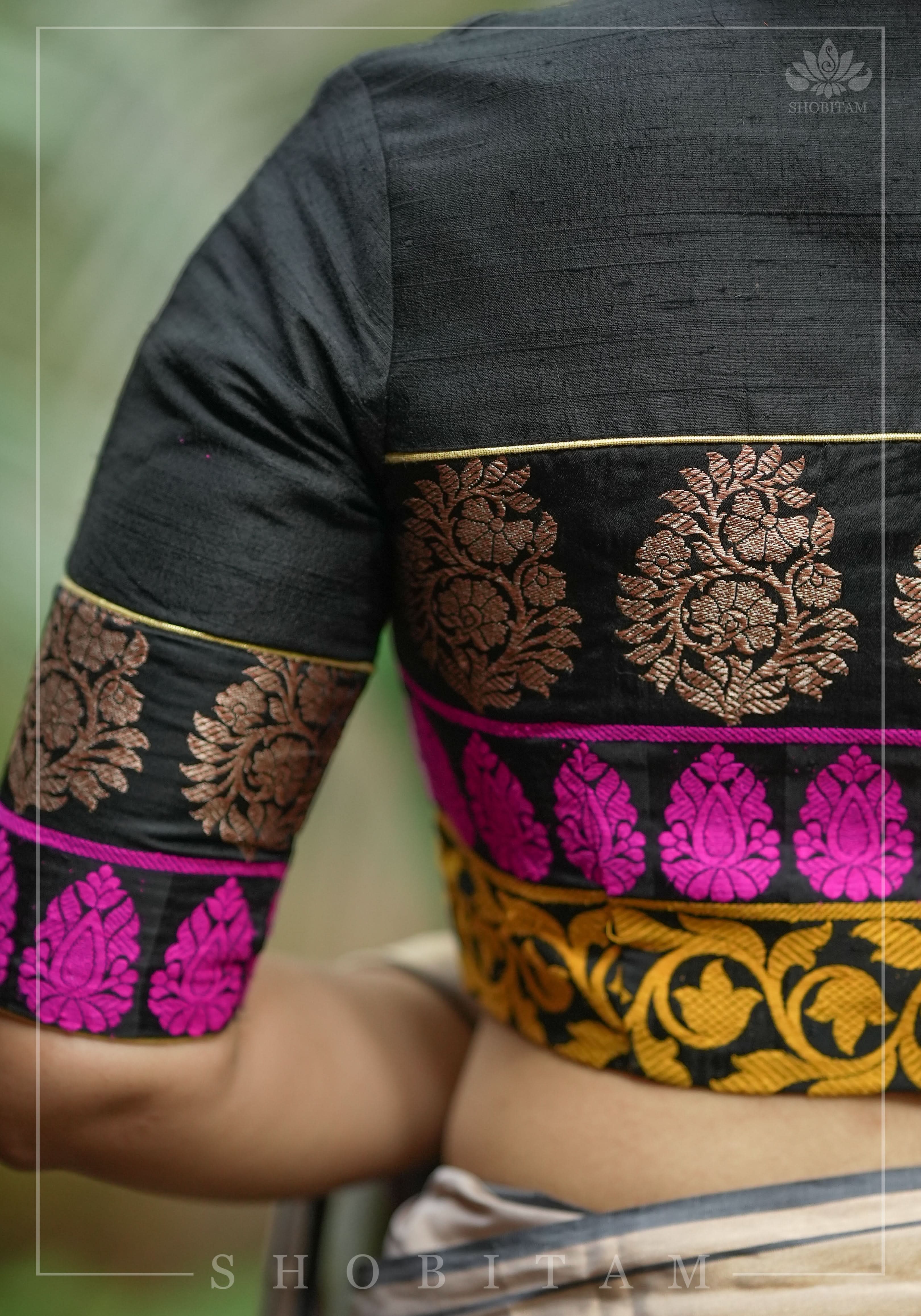 Black Pure Raw Silk with Meenakari Brocade Border V Neck Blouse, Made to Order | Shobitam