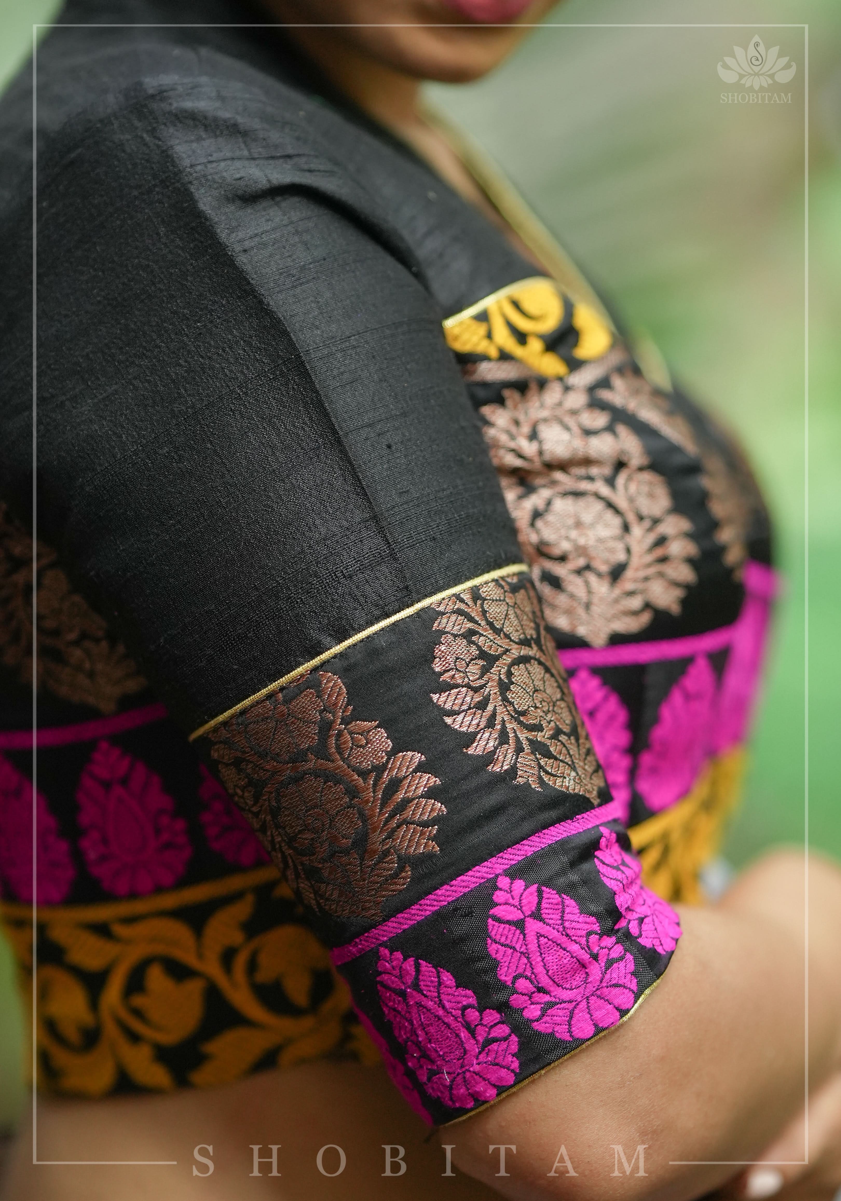 Black Pure Raw Silk with Meenakari Brocade Border V Neck Blouse, Made to Order | Shobitam