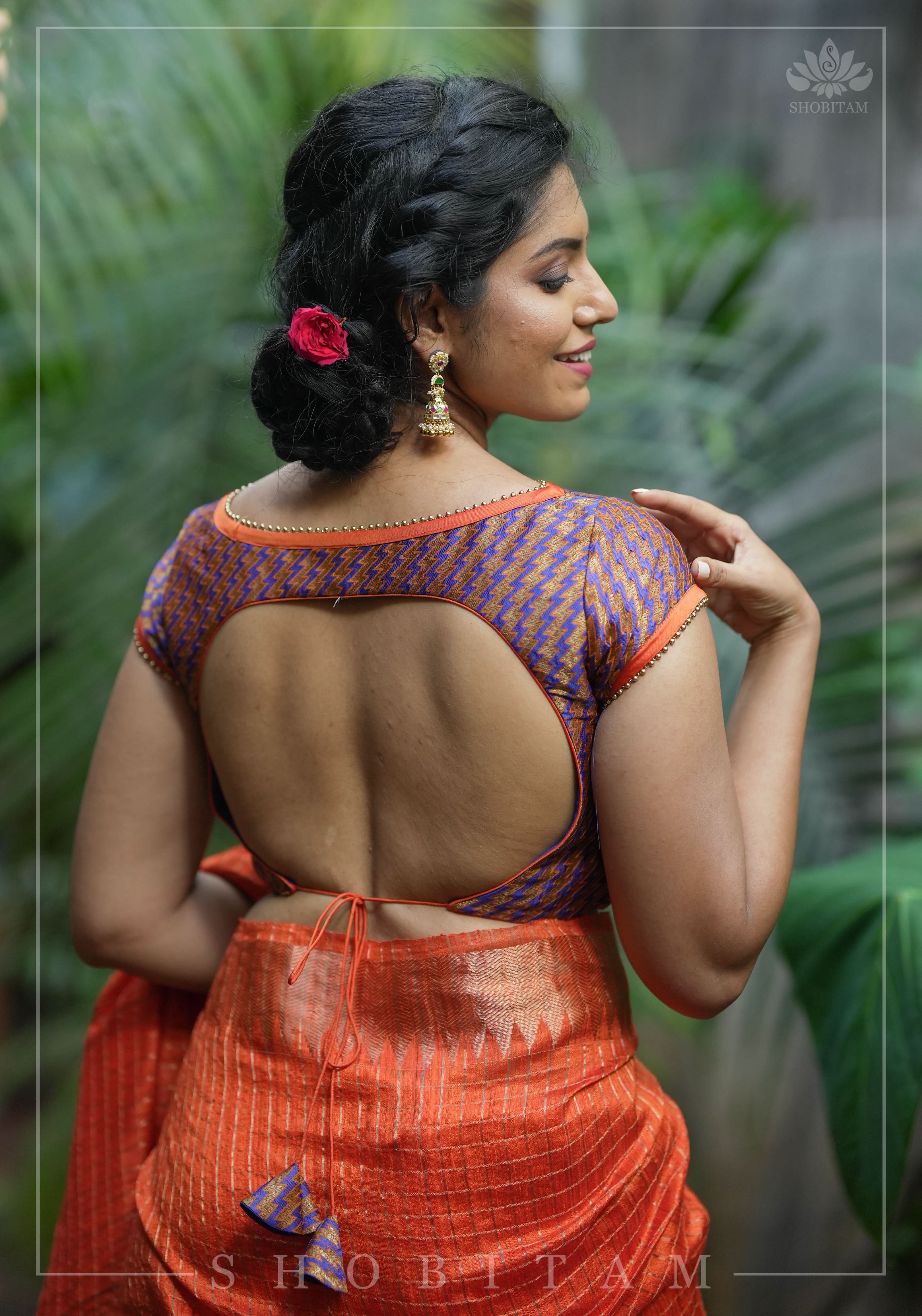 Purple Orange Jacquard brocade boat neck blouse with back detailing, Made to Order | Shobitam