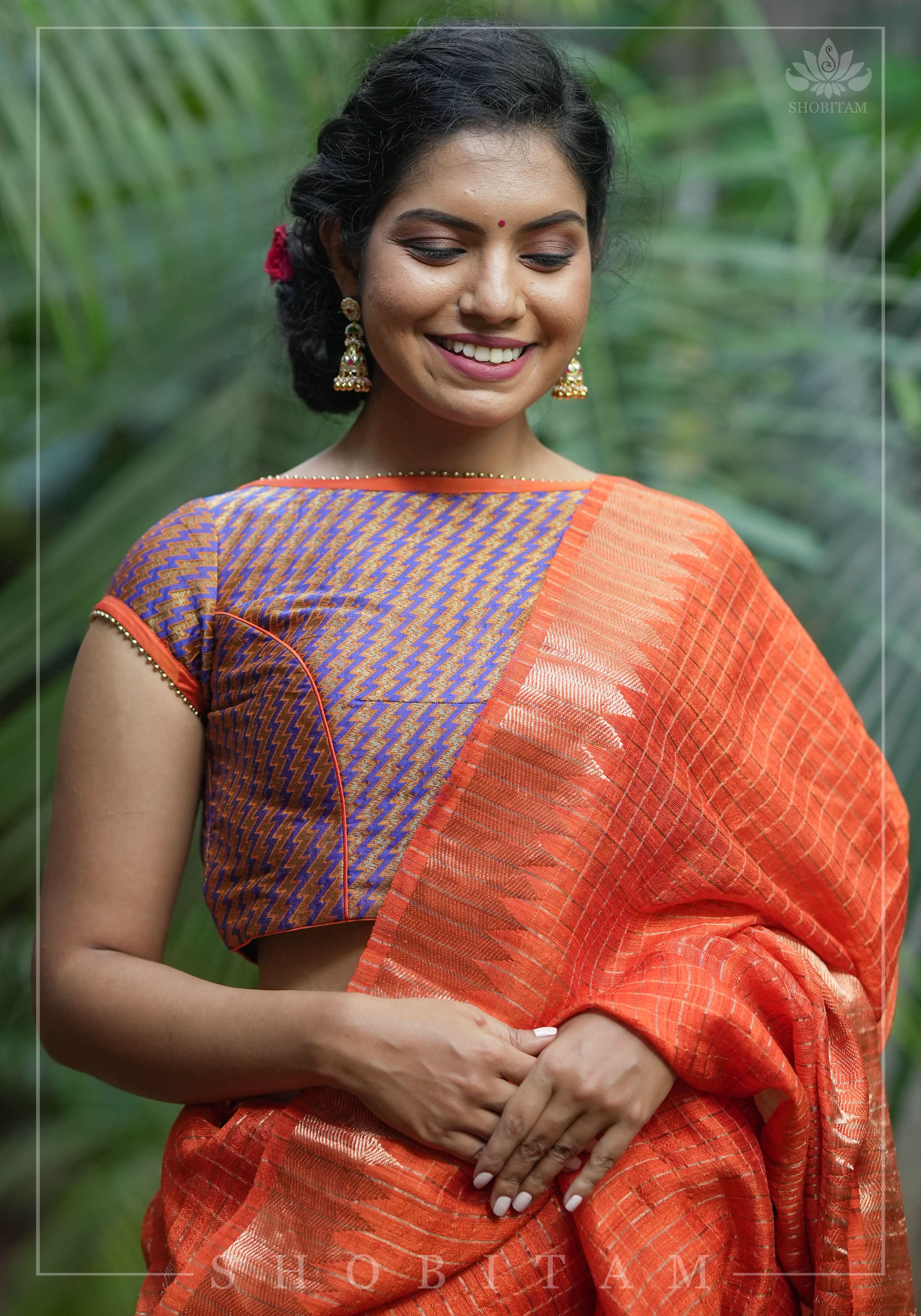 Purple Orange Jacquard brocade boat neck blouse with back detailing, Made to Order | Shobitam