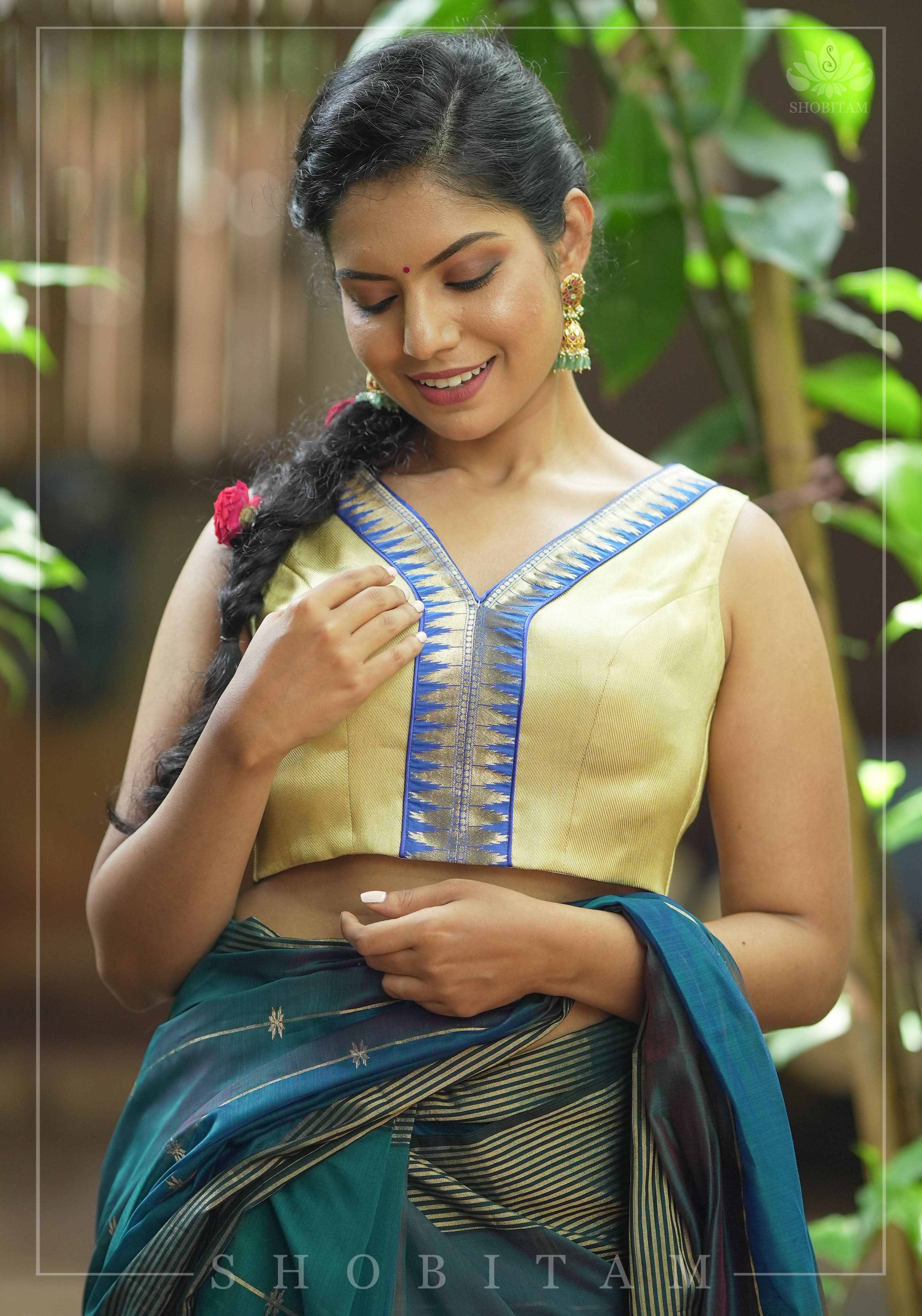 Muted Gold V neck neck sleeveless blouse with blue temple border, Made to Order | Shobitam