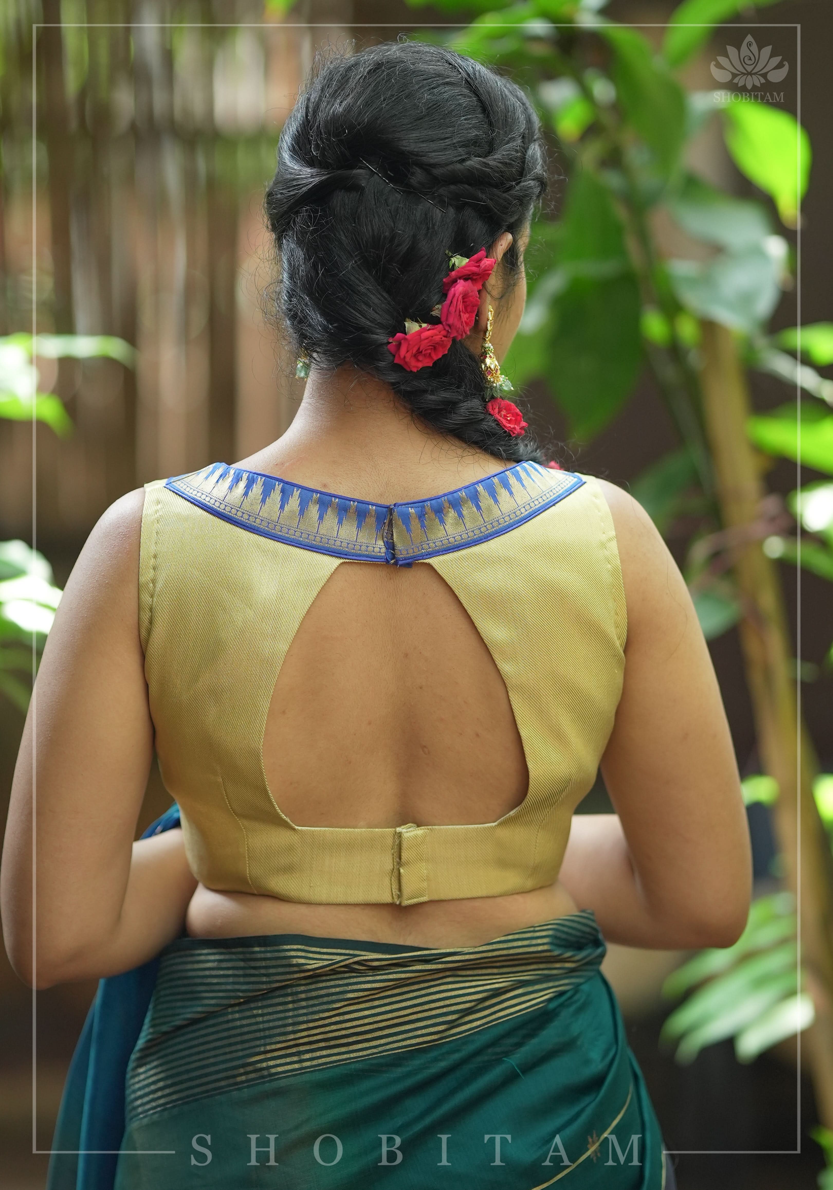 Muted Gold V neck neck sleeveless blouse with blue temple border, Made to Order | Shobitam