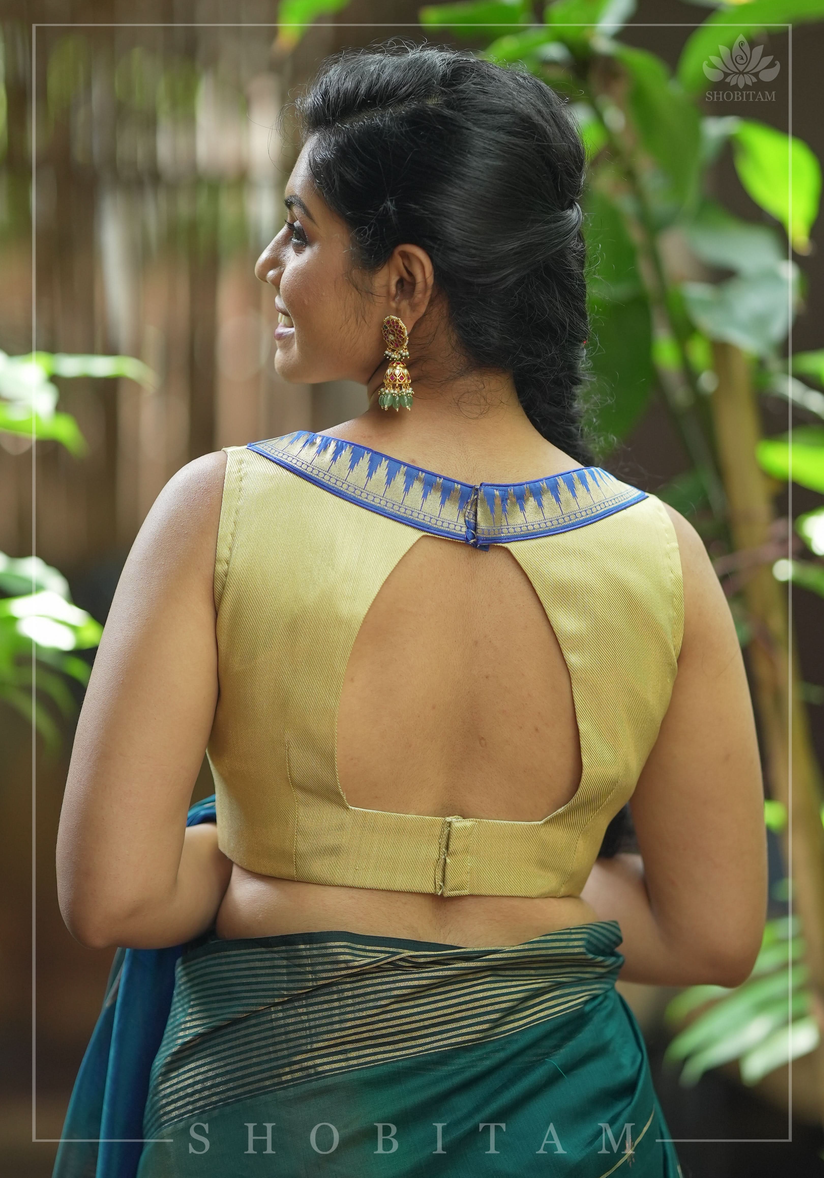 Muted Gold V neck neck sleeveless blouse with blue temple border, Made to Order | Shobitam