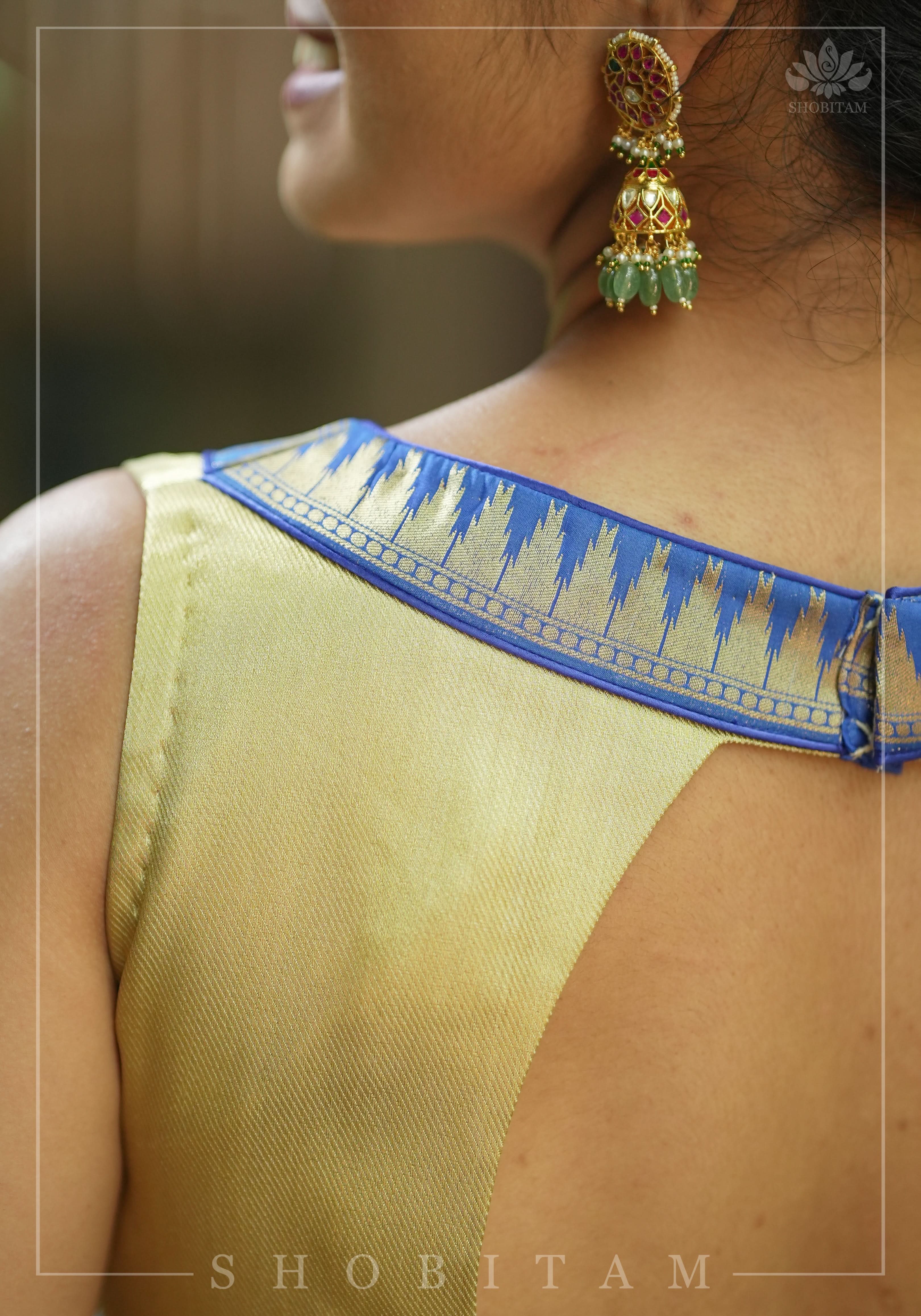 Muted Gold V neck neck sleeveless blouse with blue temple border, Made to Order | Shobitam