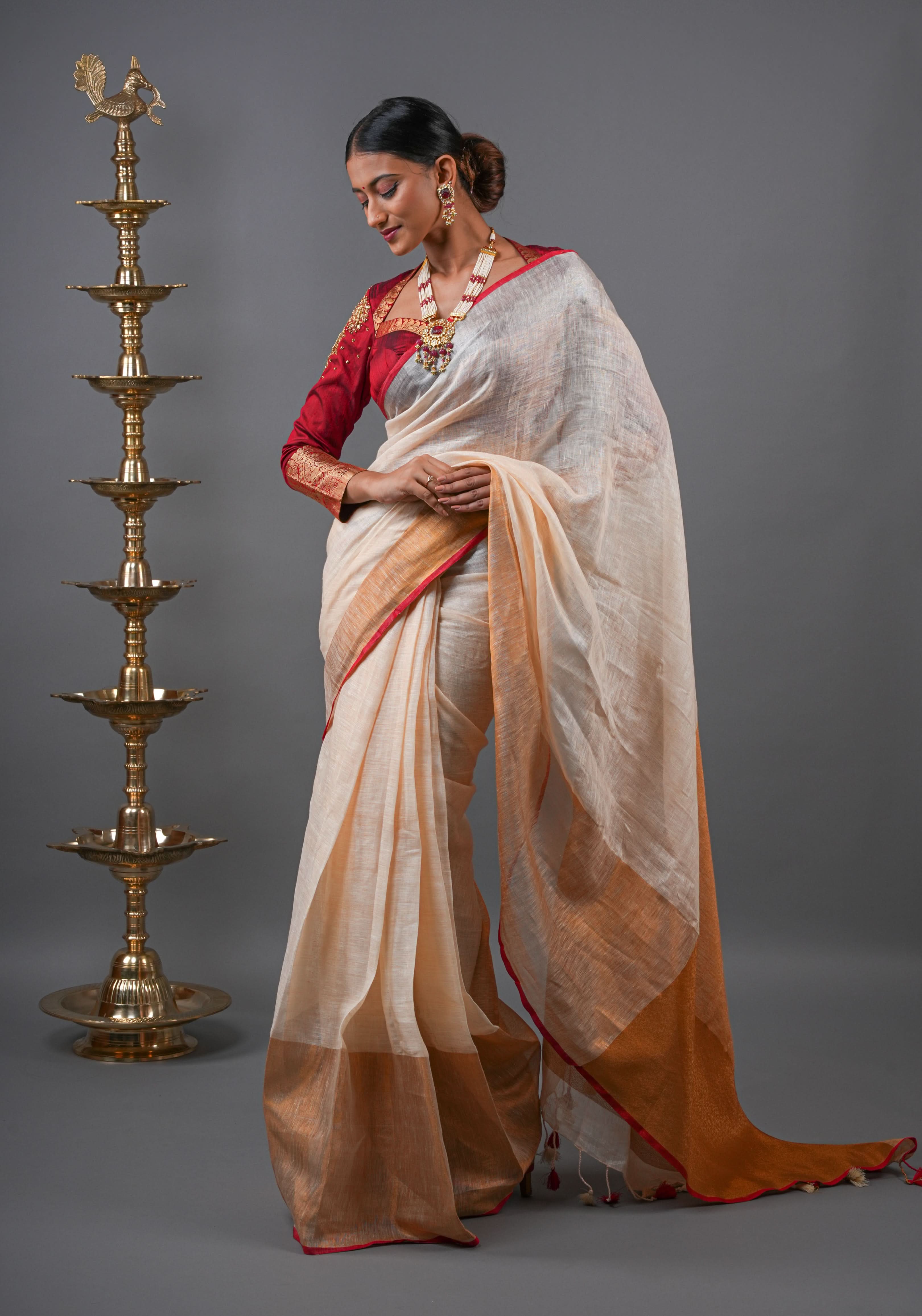 Ivory Ganga Jamuna Zari Border Pure Linen by Linen Saree | Shobitam