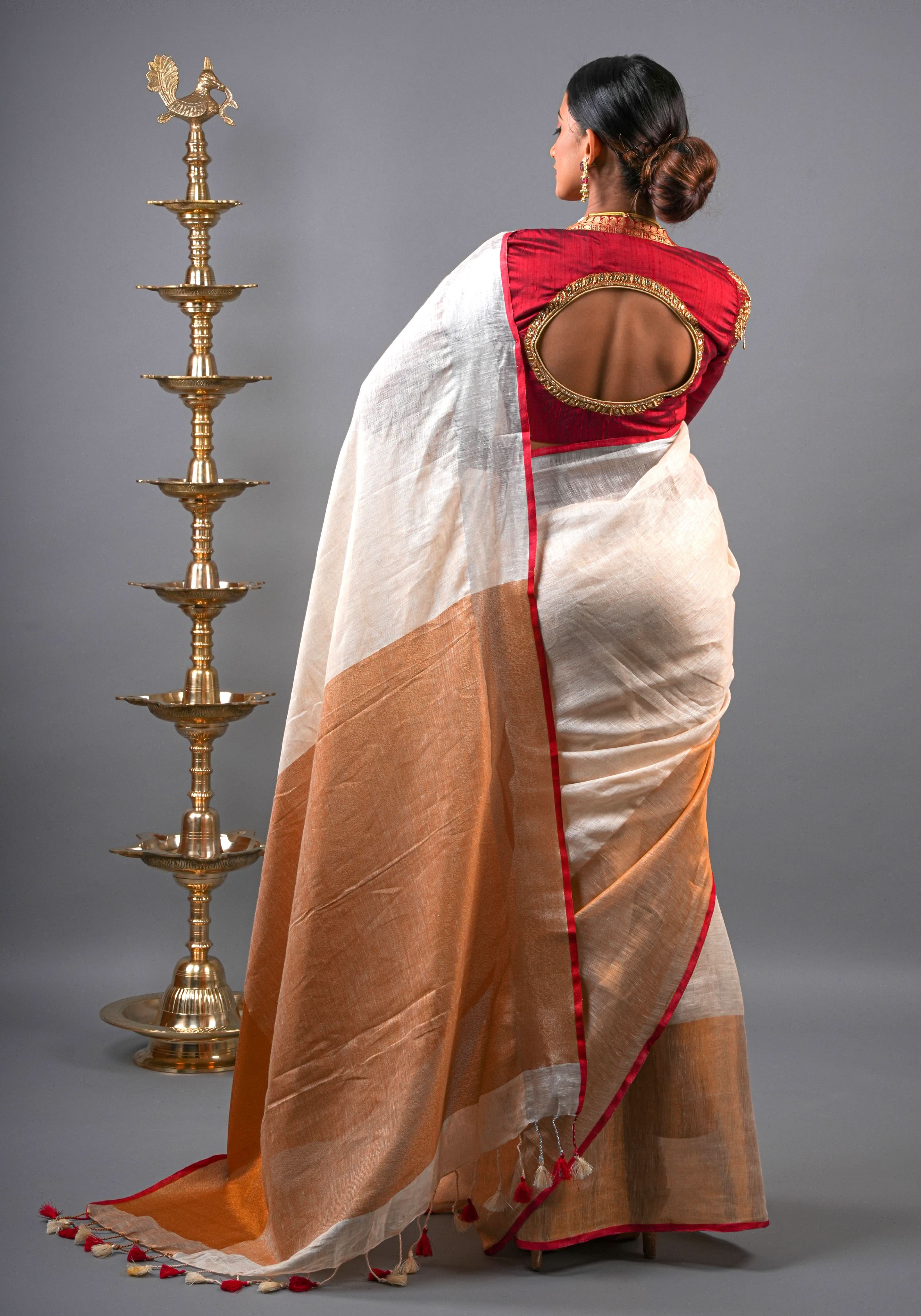 Ivory Ganga Jamuna Zari Border Pure Linen by Linen Saree | Shobitam