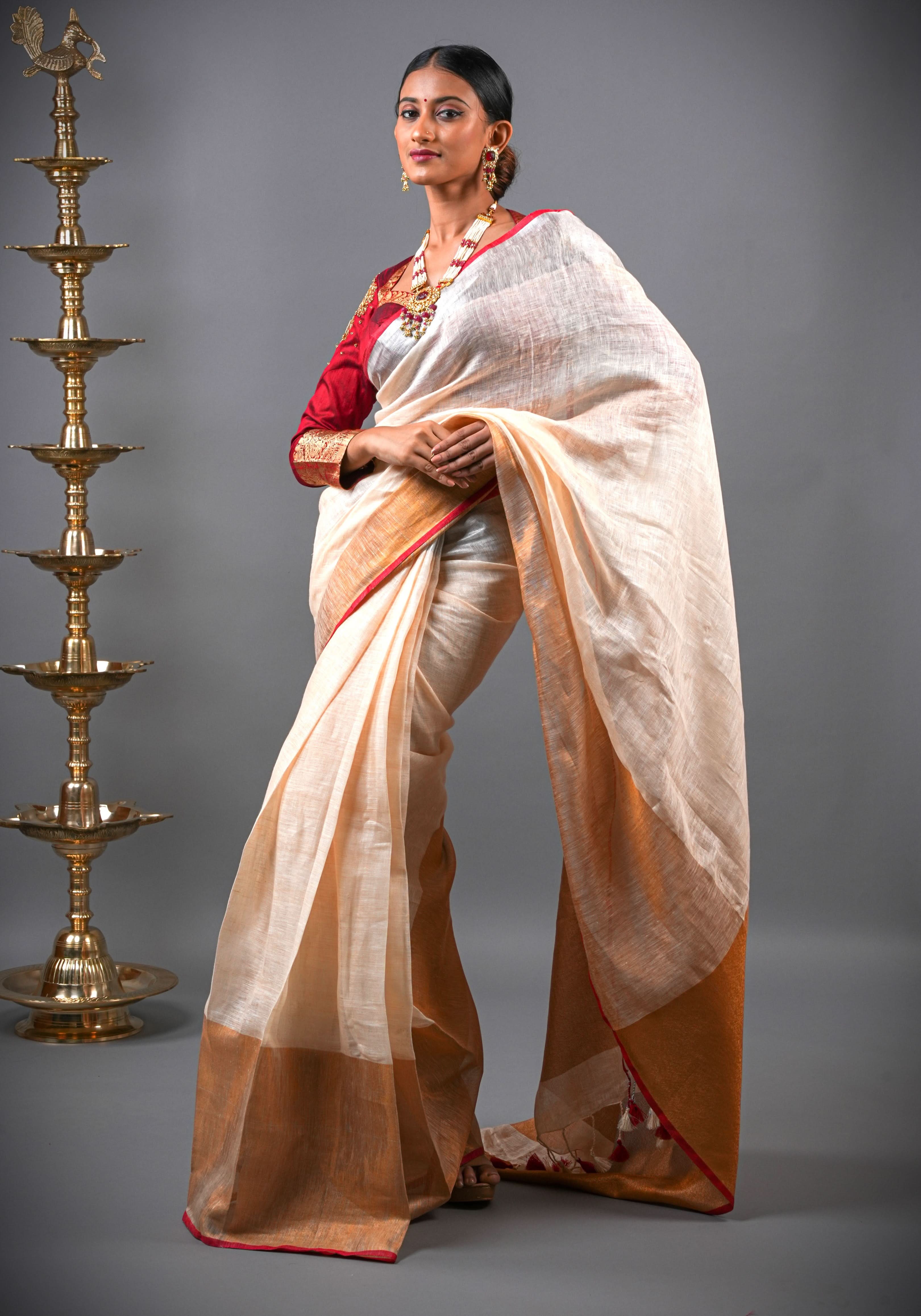 Ivory Ganga Jamuna Zari Border Pure Linen by Linen Saree | Shobitam