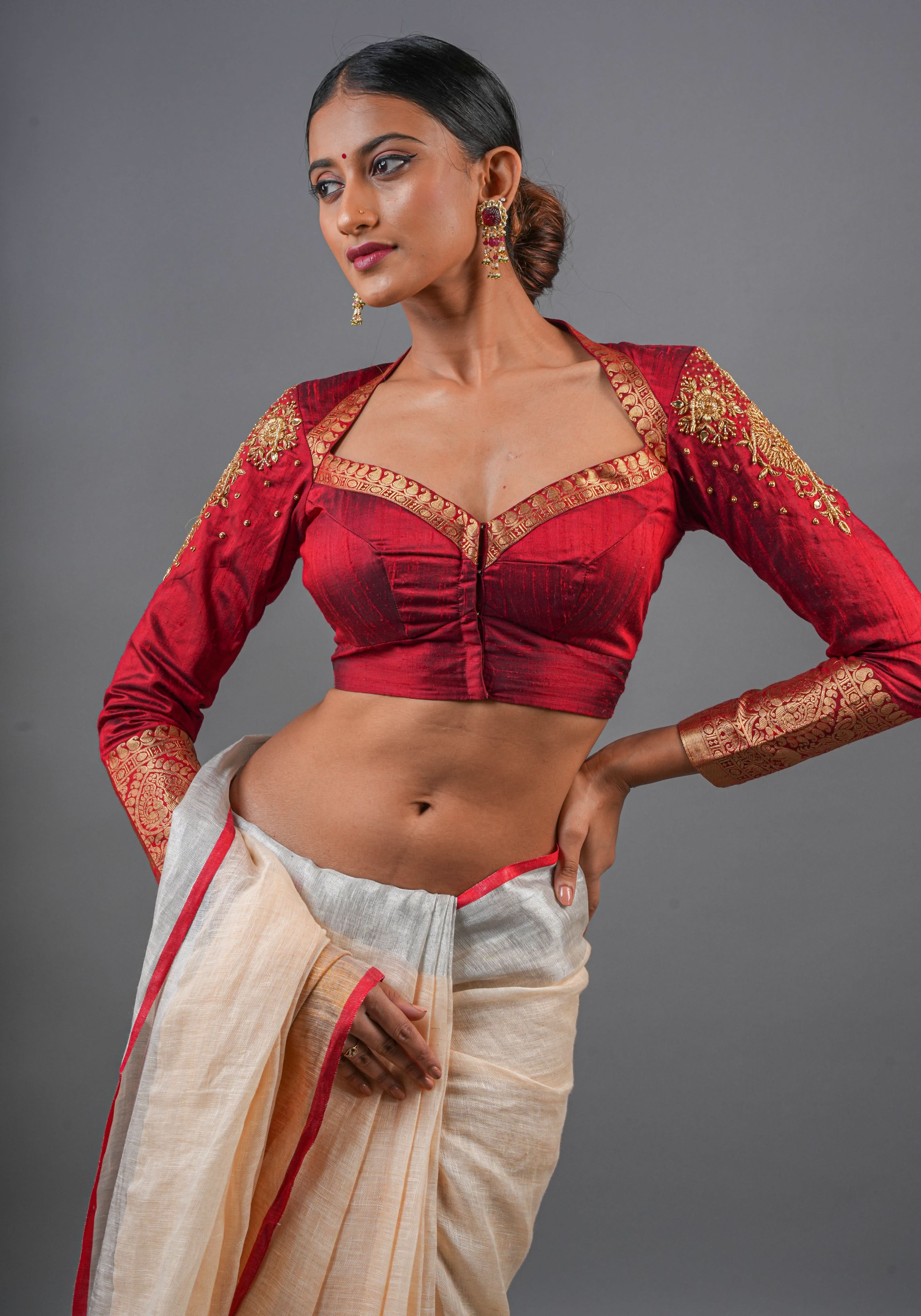 Maroon Pure raw silk blouse with  full sleeves and Heavy Zardozi work on upper sleeve and back, Made to Order | Shobitam