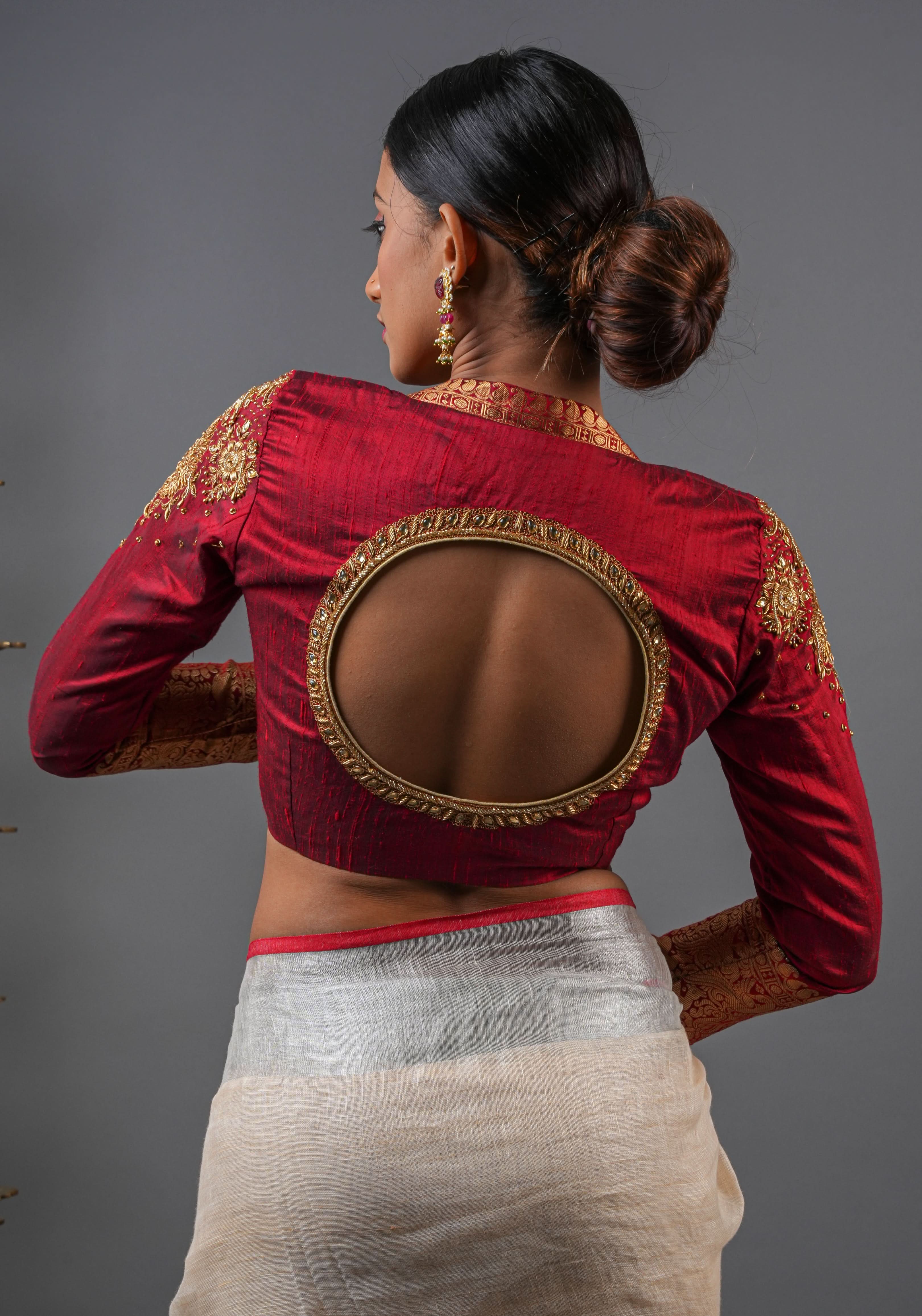 Maroon Pure raw silk blouse with  full sleeves and Heavy Zardozi work on upper sleeve and back, Made to Order | Shobitam