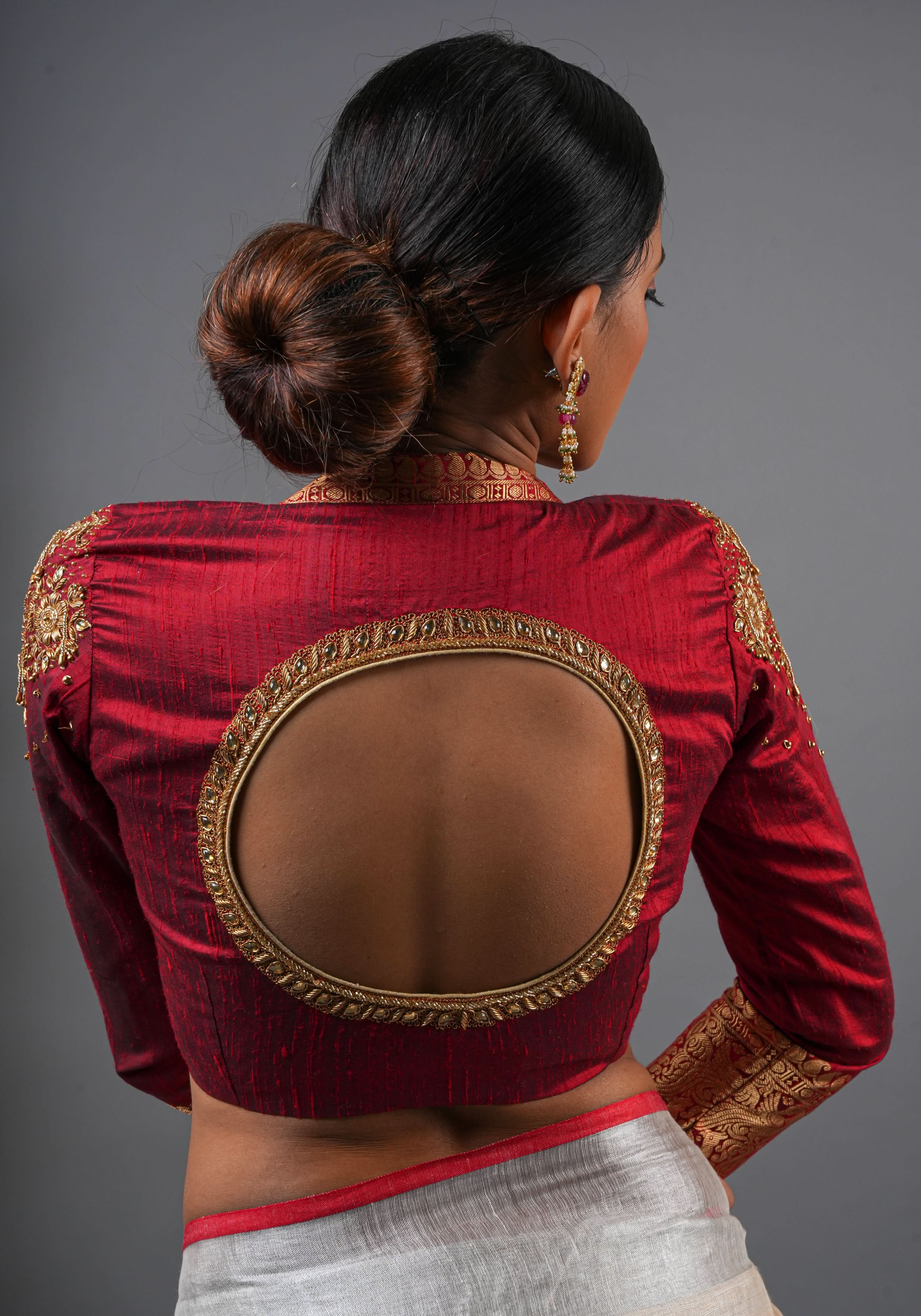 Maroon Pure raw silk blouse with  full sleeves and Heavy Zardozi work on upper sleeve and back, Made to Order | Shobitam