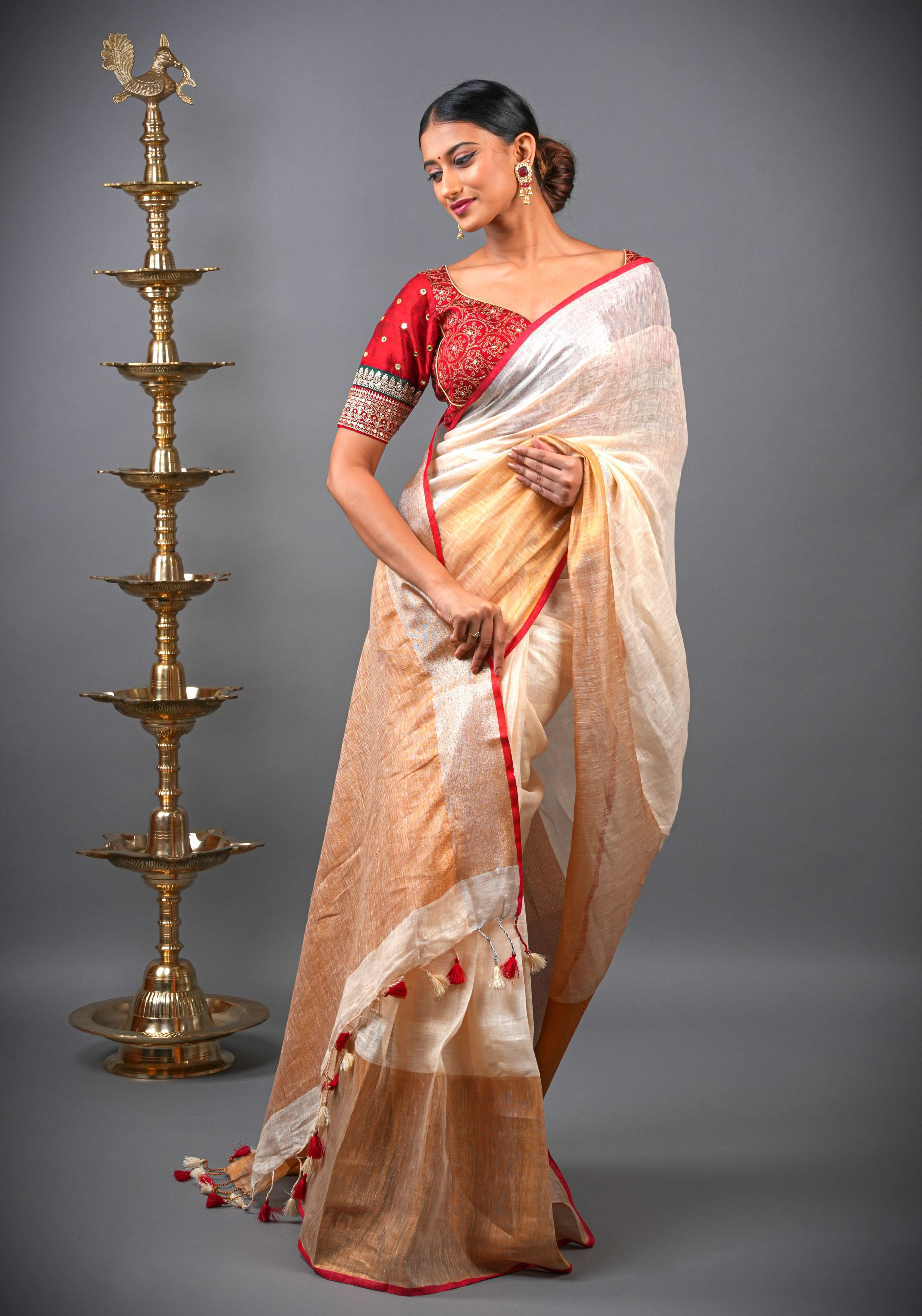 Ivory Ganga Jamuna Zari Border Pure Linen by Linen Saree | Shobitam