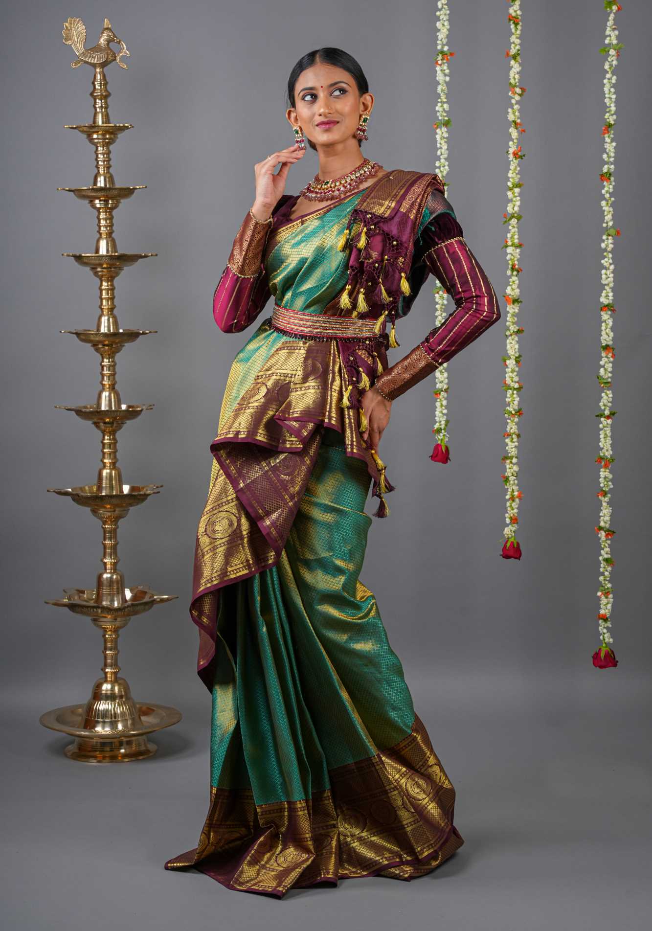 Pre Drape Brocade Pure Kanjivaram Silk Prestitched Saree in Sea Green and Brown | SILK MARK CERTIFIED