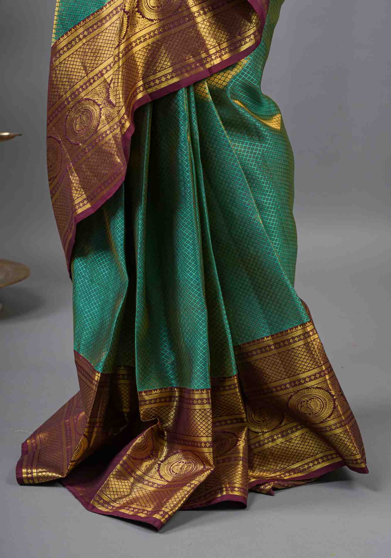 Pre Drape Brocade Pure Kanjivaram Silk Prestitched Saree in Sea Green and Brown | SILK MARK CERTIFIED