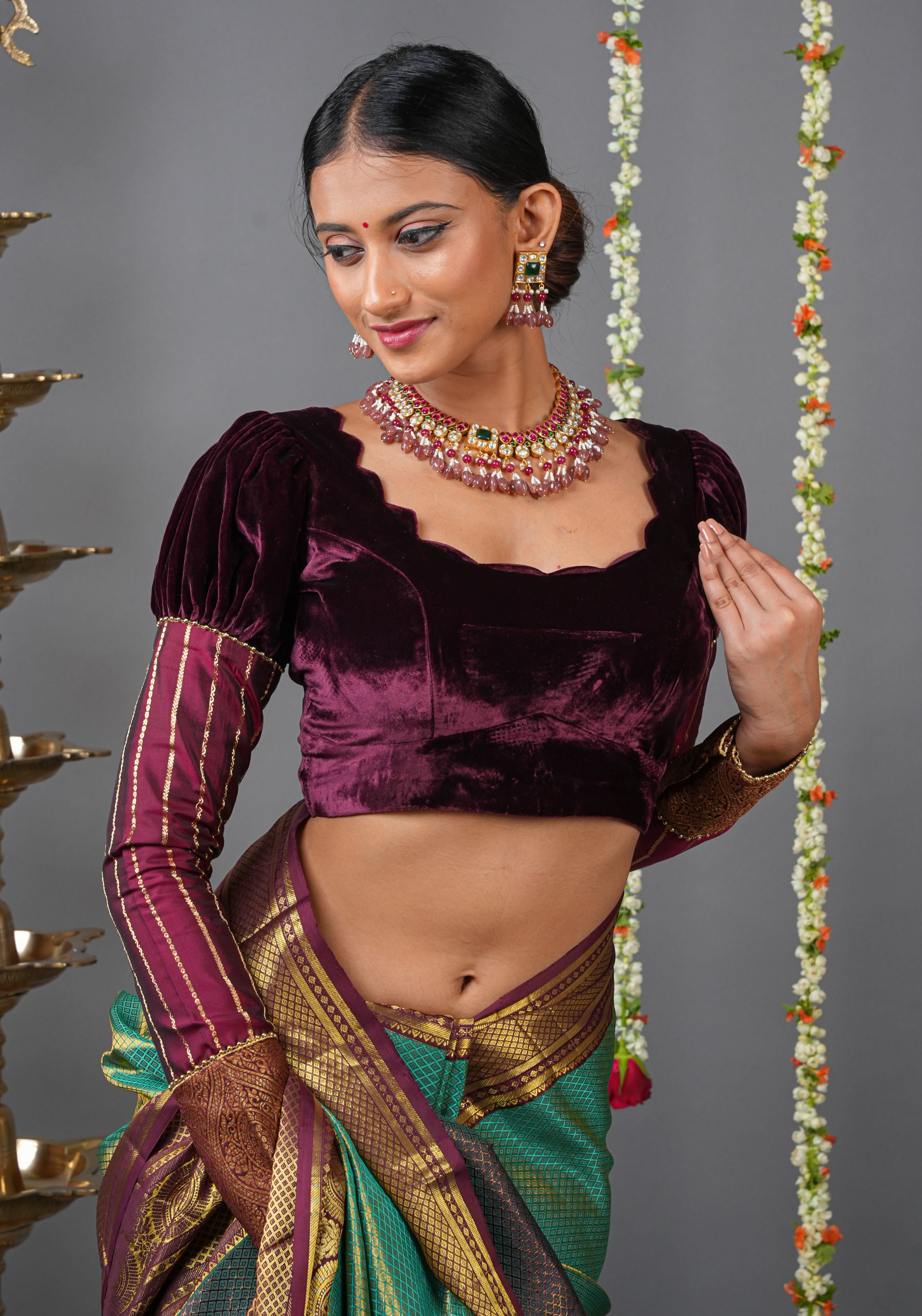 Made To Order: Pure Silk Velvet Scallop neck blouse with pure silk sleevs puff detailing | Shobitam