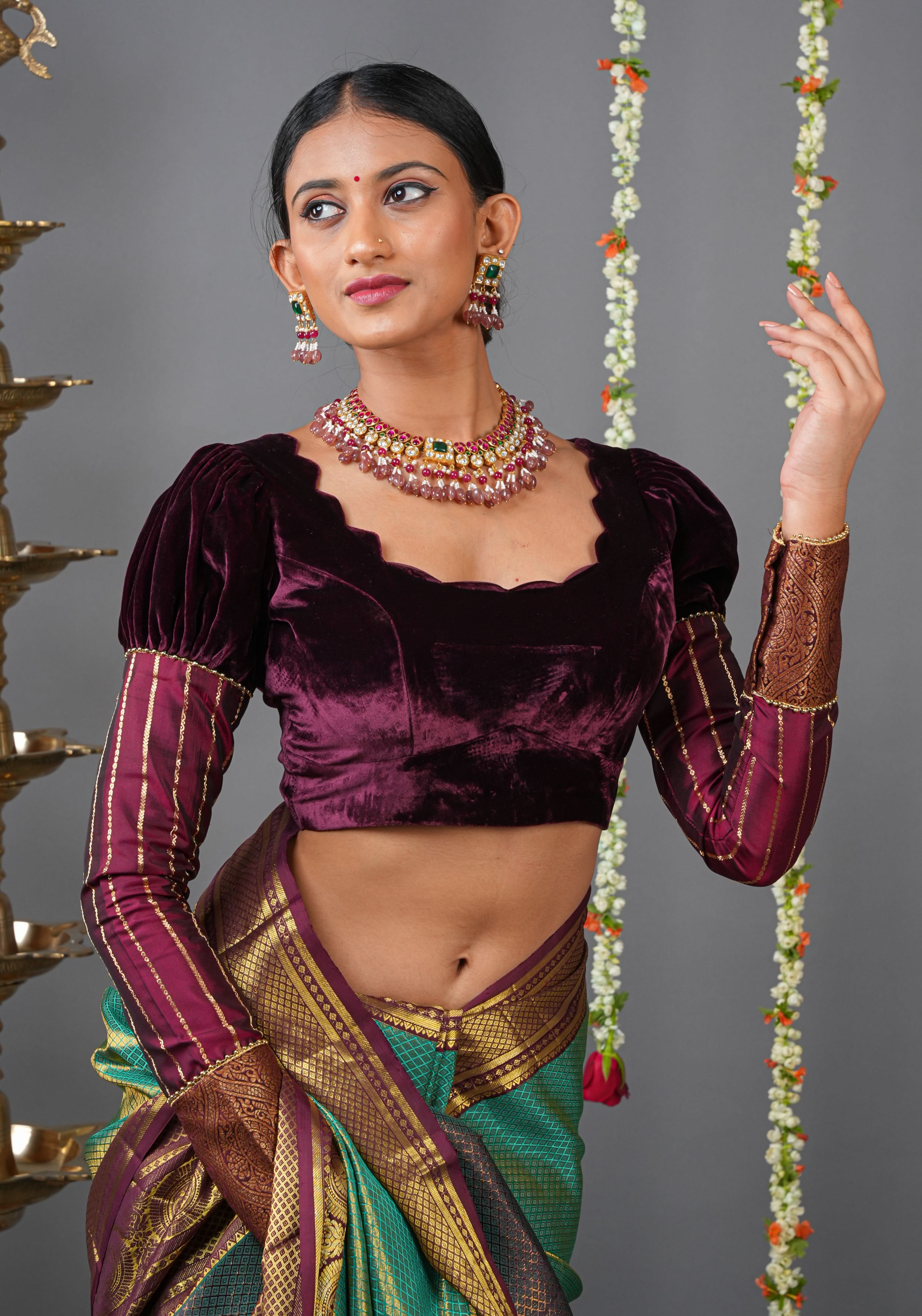 Made To Order: Pure Silk Velvet Scallop neck blouse with pure silk sleevs puff detailing | Shobitam