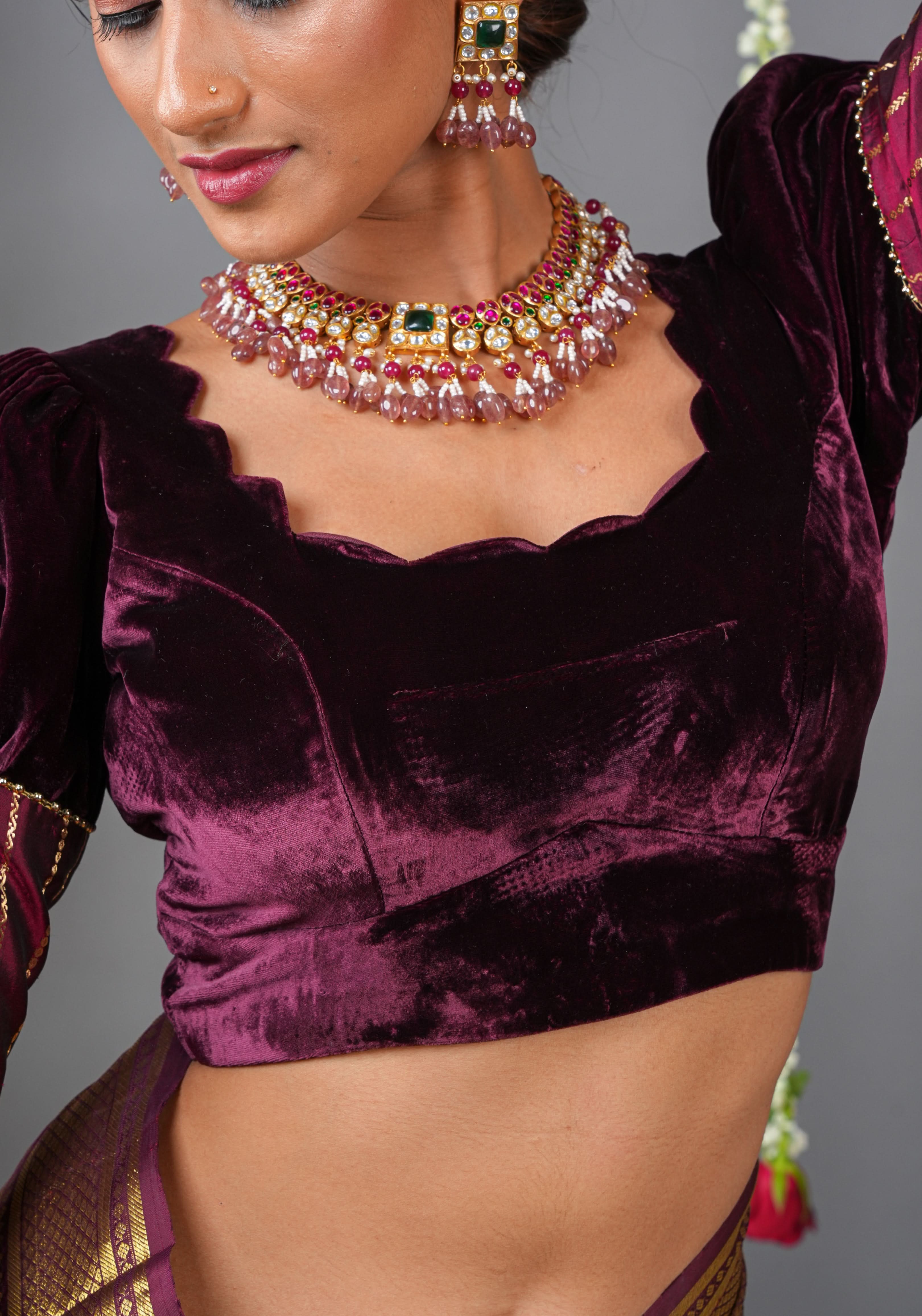 Made To Order: Pure Silk Velvet Scallop neck blouse with pure silk sleevs puff detailing | Shobitam