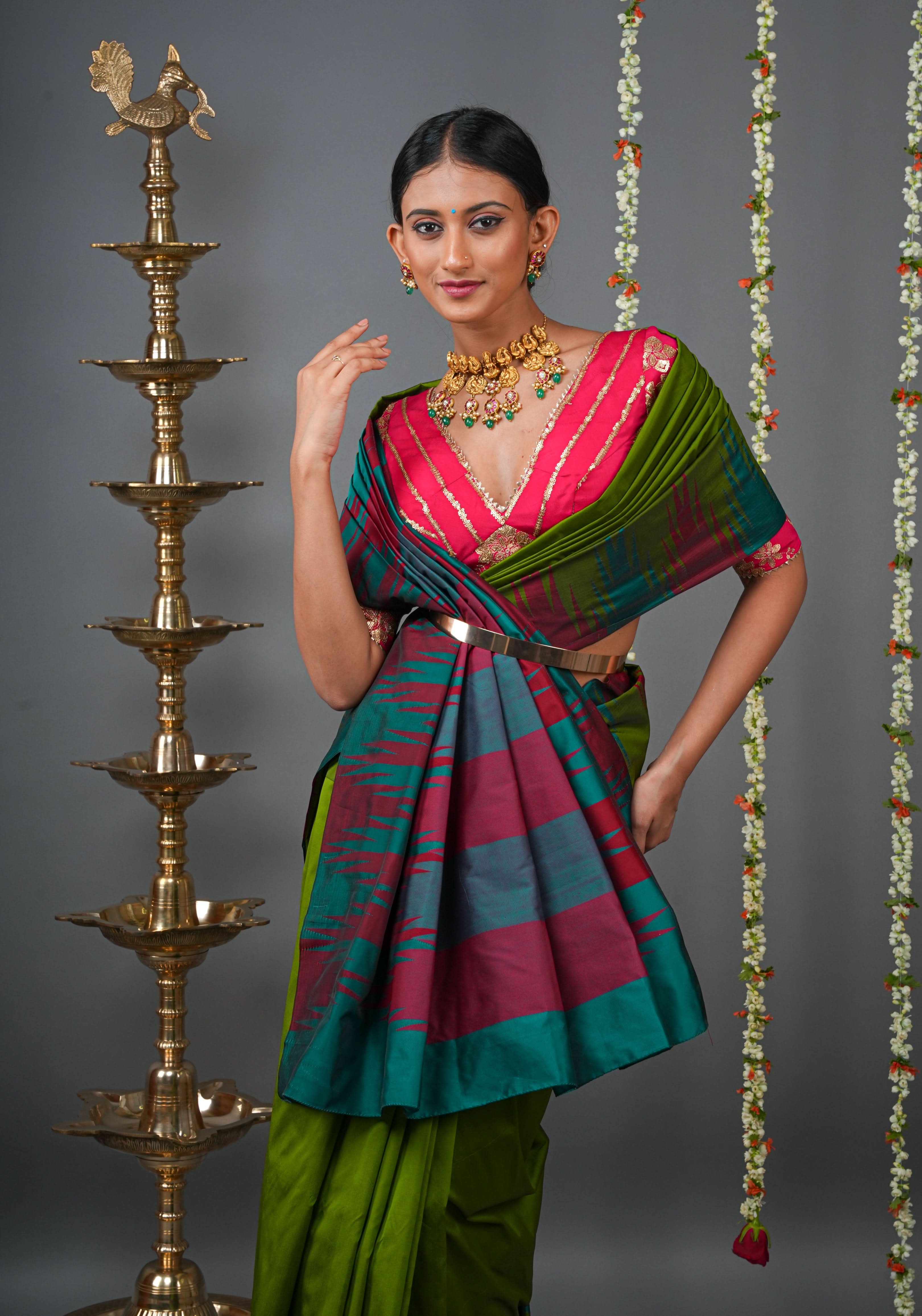 Sap Green Tone and Two Color Temple Border on Art Silk Saree With Double color Indian kotki design Pallu | Shobitam
