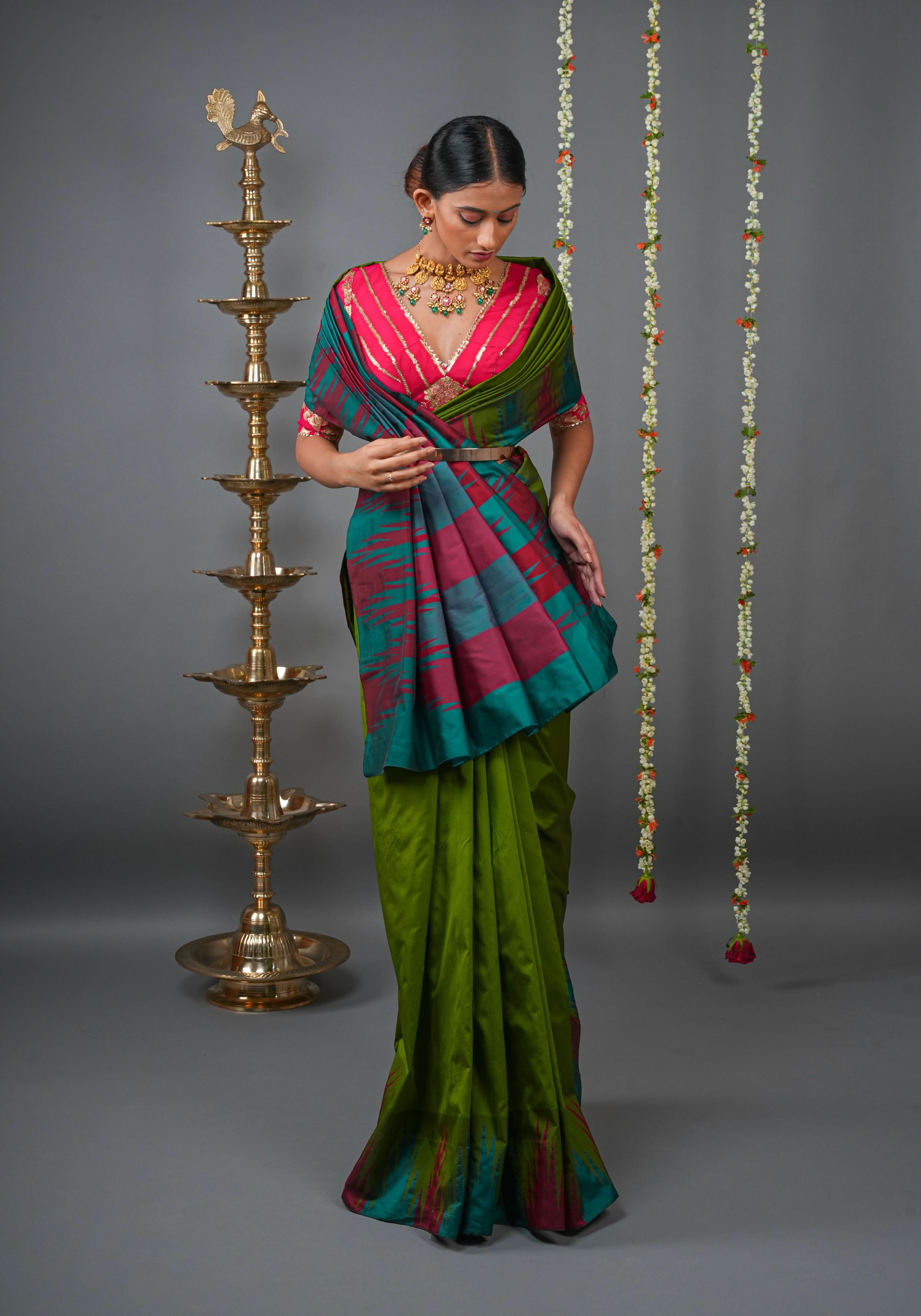 Sap Green Tone and Two Color Temple Border on Art Silk Saree With Double color Indian kotki design Pallu | Shobitam