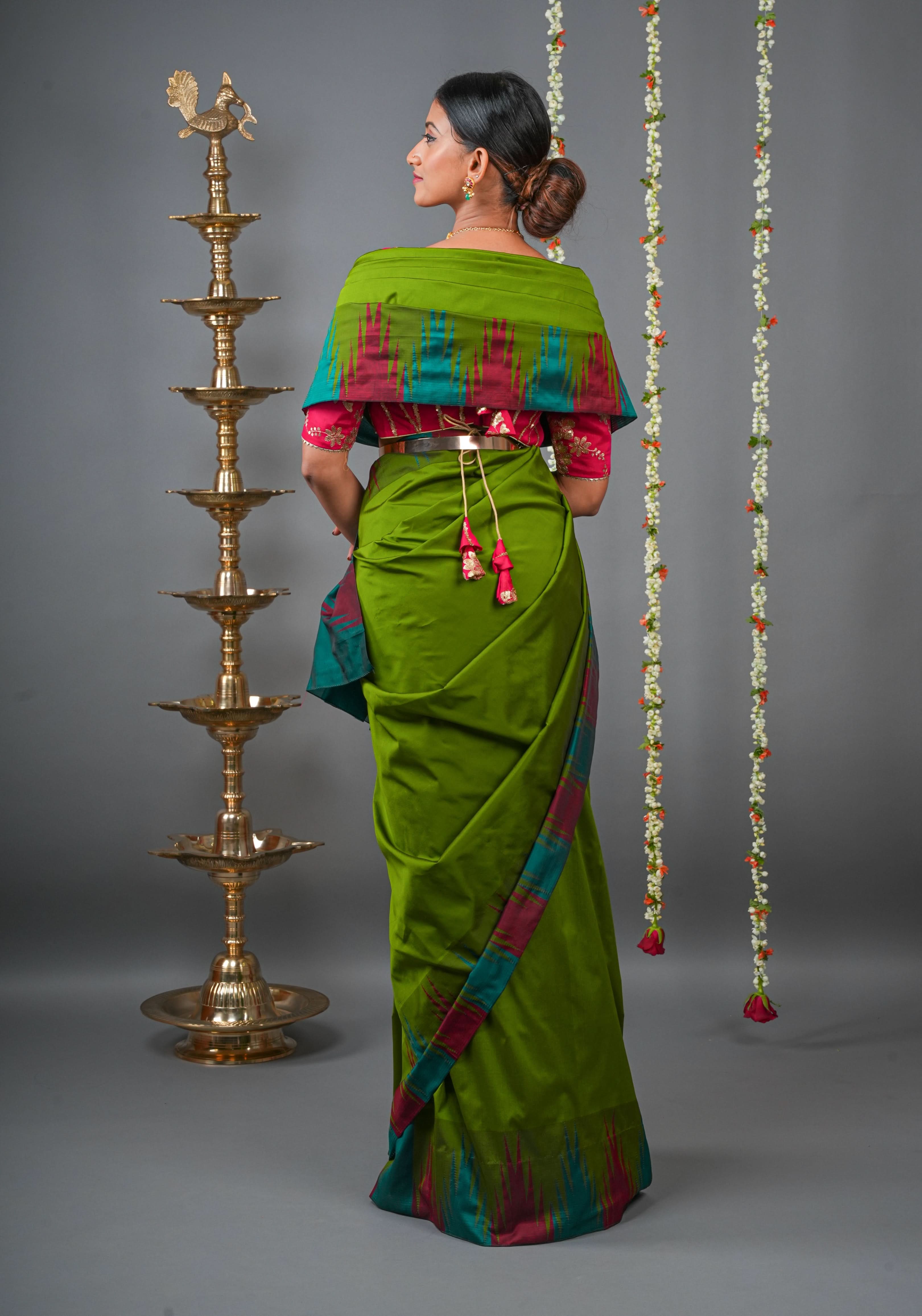 Sap Green Tone and Two Color Temple Border on Art Silk Saree With Double color Indian kotki design Pallu | Shobitam
