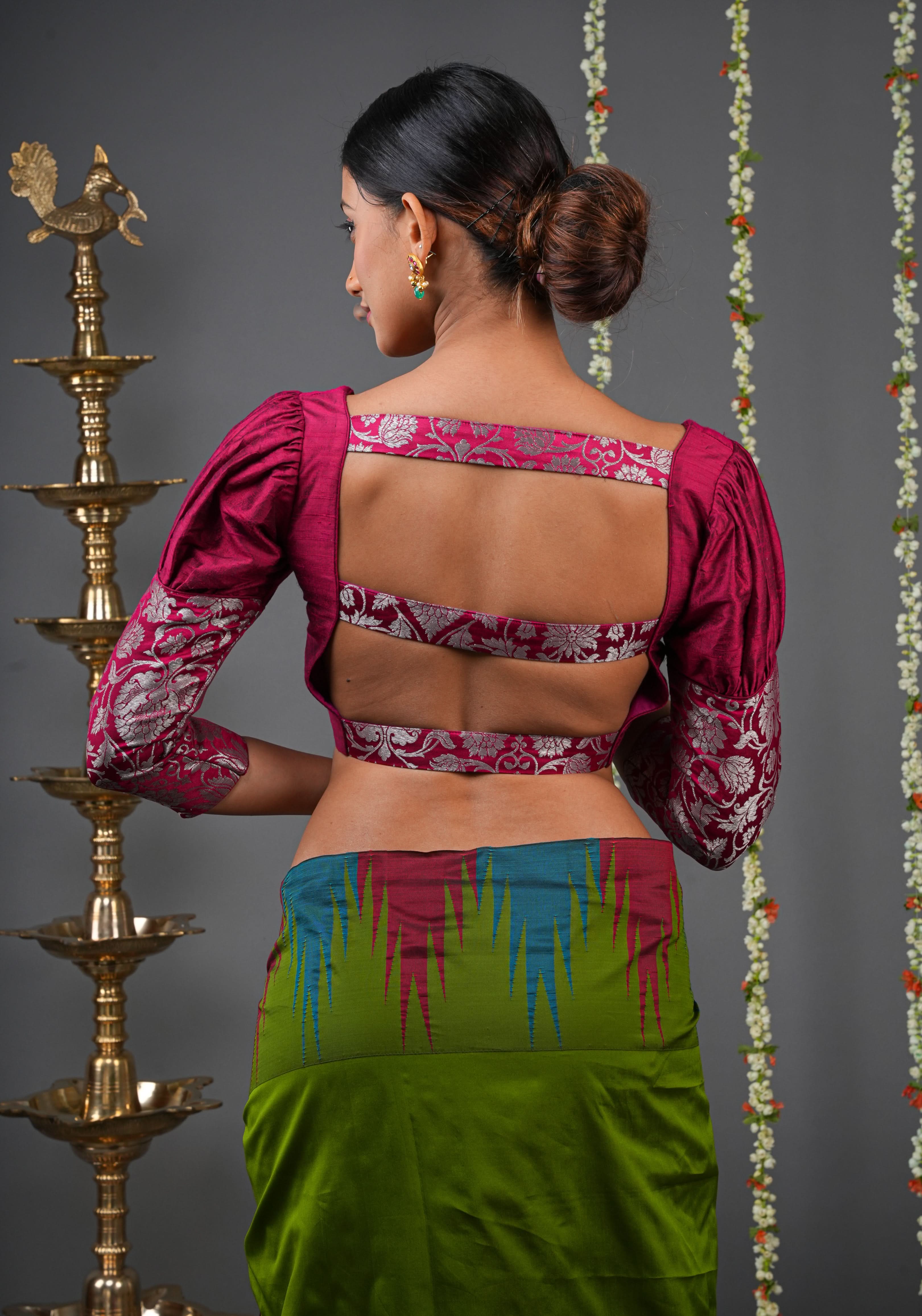 Made To Order: Magenta Pure Raw Silk Blouse with Puff Sleeves and Banarasi Brocade Detailing | Shobitam
