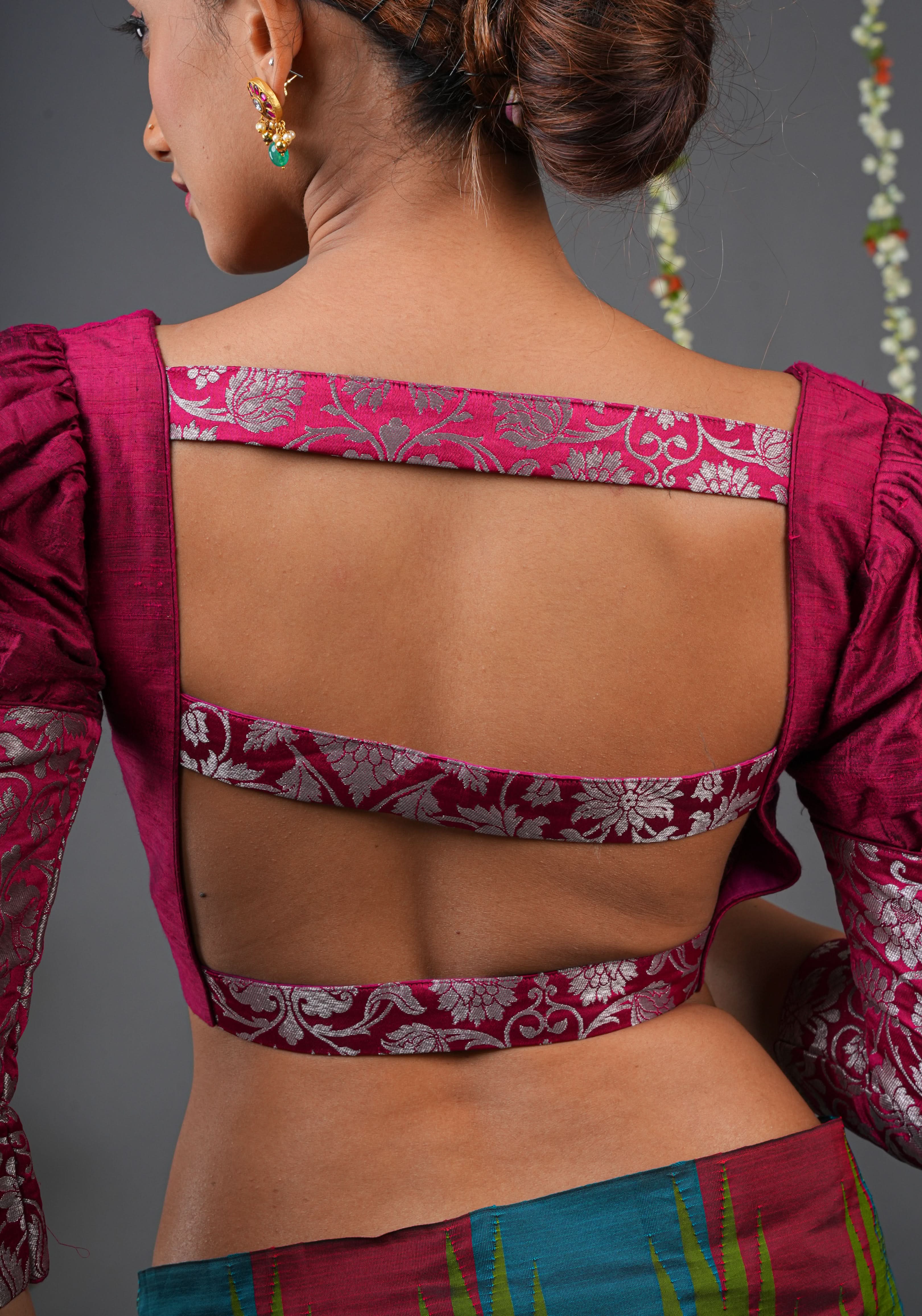 Made To Order: Magenta Pure Raw Silk Blouse with Puff Sleeves and Banarasi Brocade Detailing | Shobitam