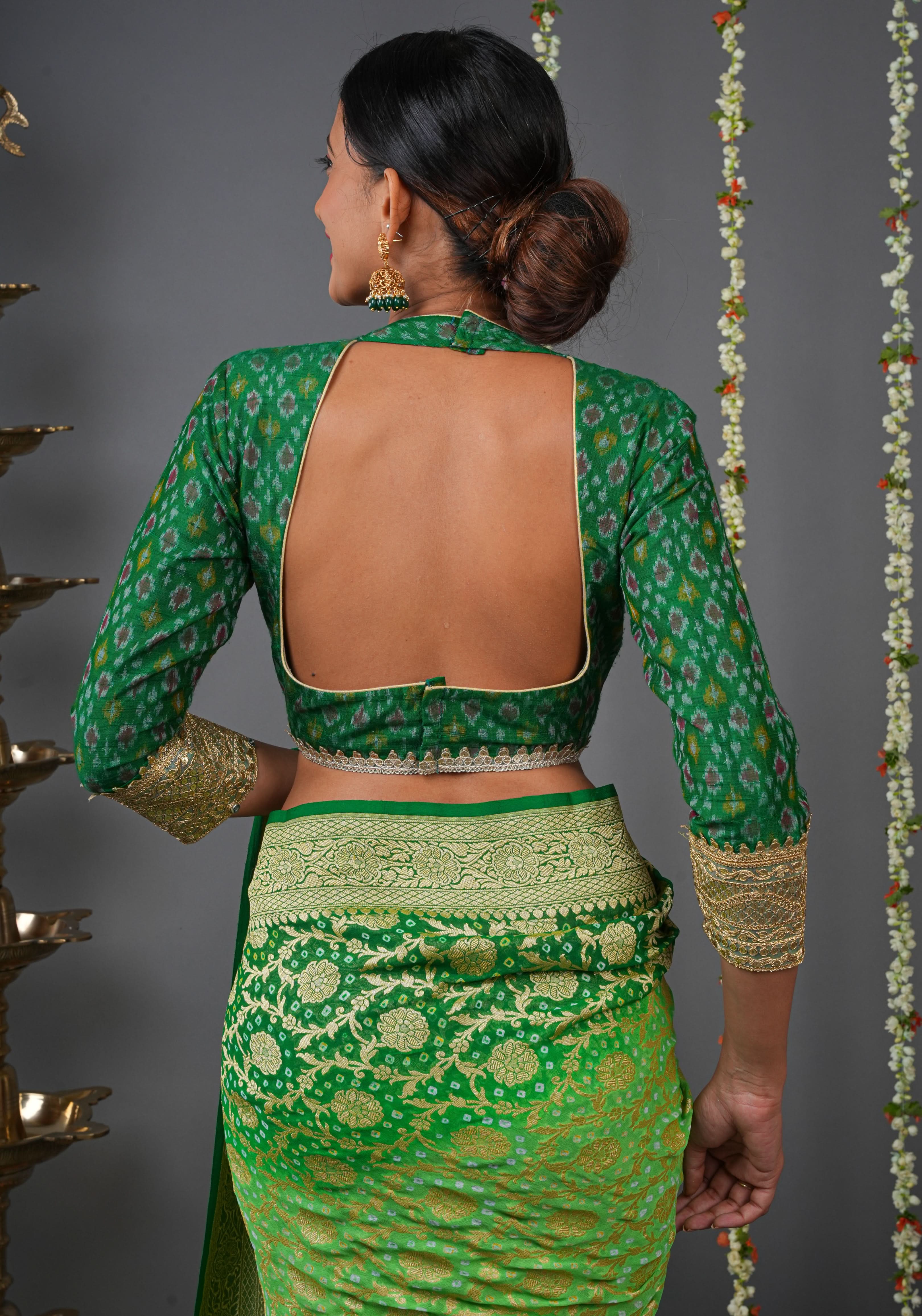 Made To Order: Emerald Green Pure Raw Silk Ikkat Weave Blouse with Scallop neck and long sleeve with gotta patti detailing | Shobitam