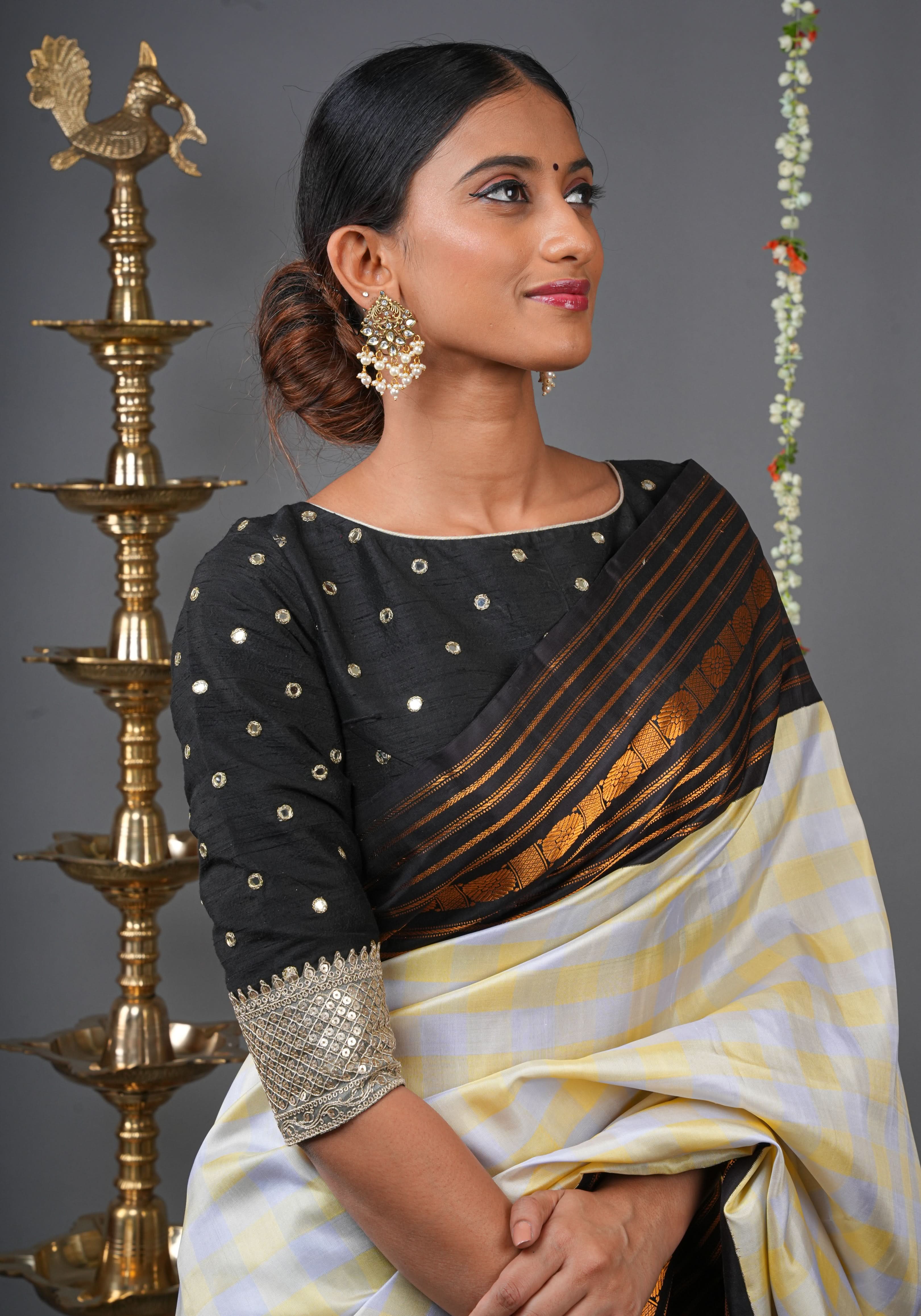 Black Pure raw silk blouse with mirror work,backless  design with gotta trim. Made to Order | Shobitam