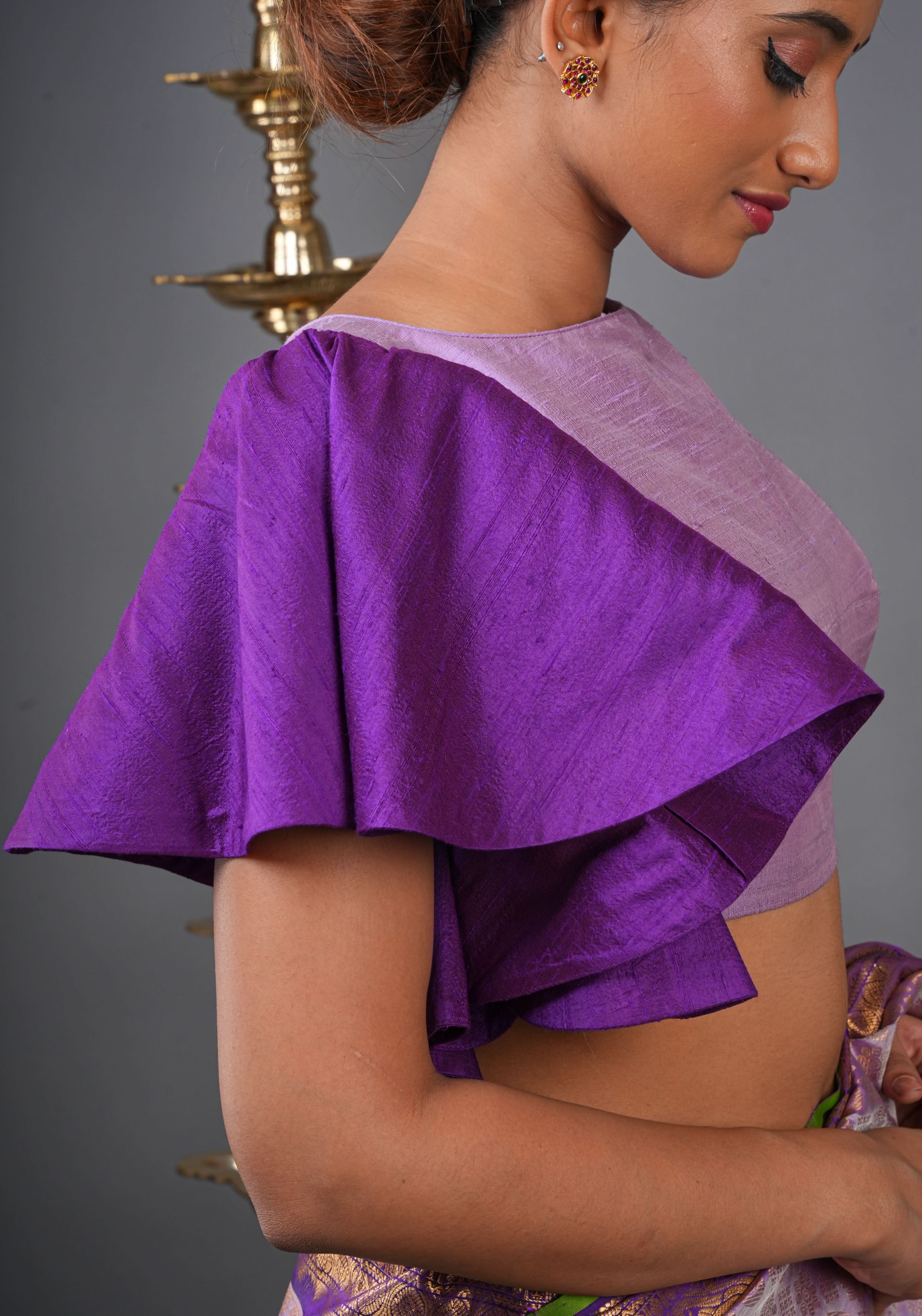 Two Color Pure Raw Sik One Side Ruffle Sleeve Blouse, Made to Order | Shobitam