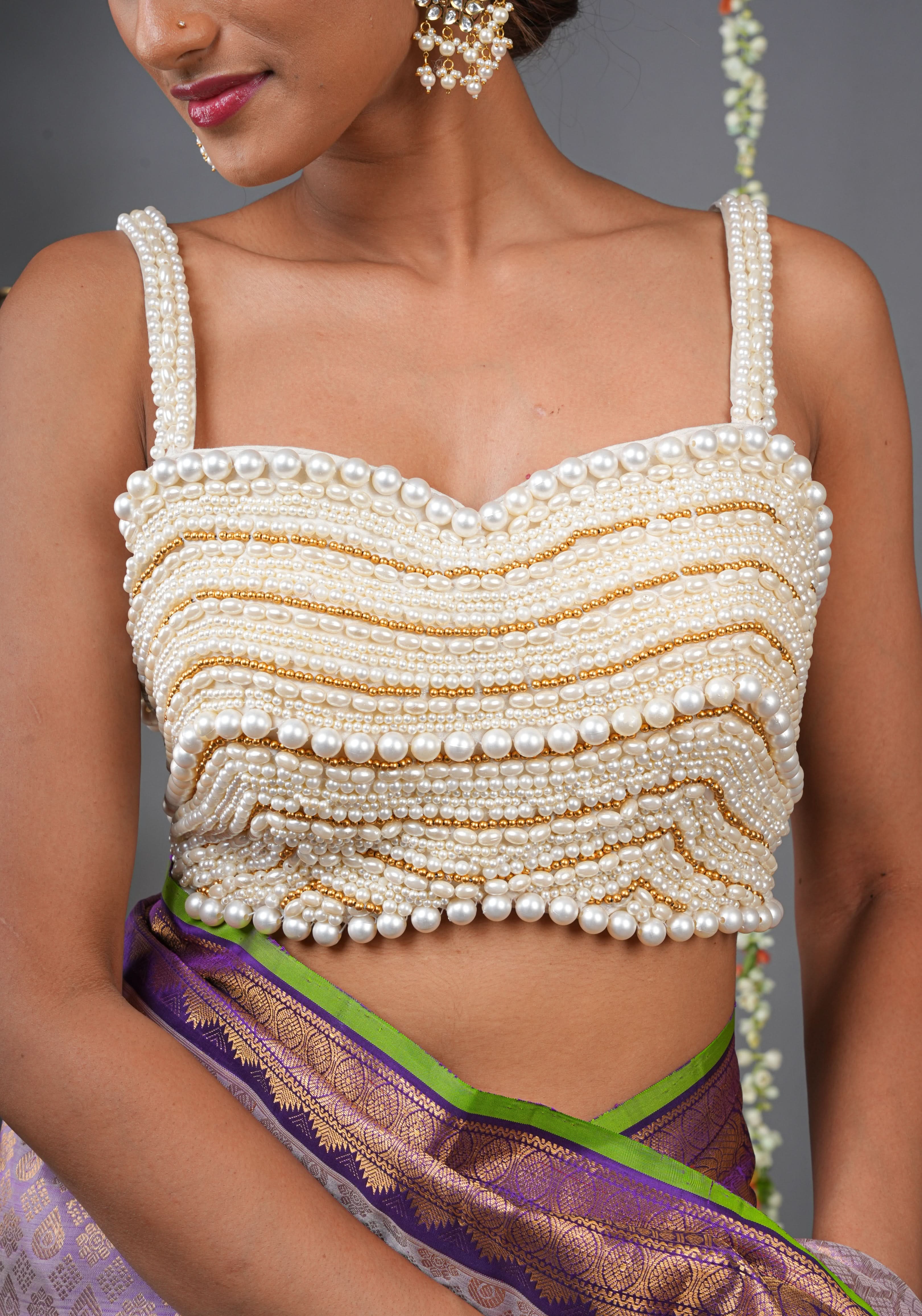 Made To Order: White  Heavy Pearl Beaded Sleeveless Blouse | Shobitam