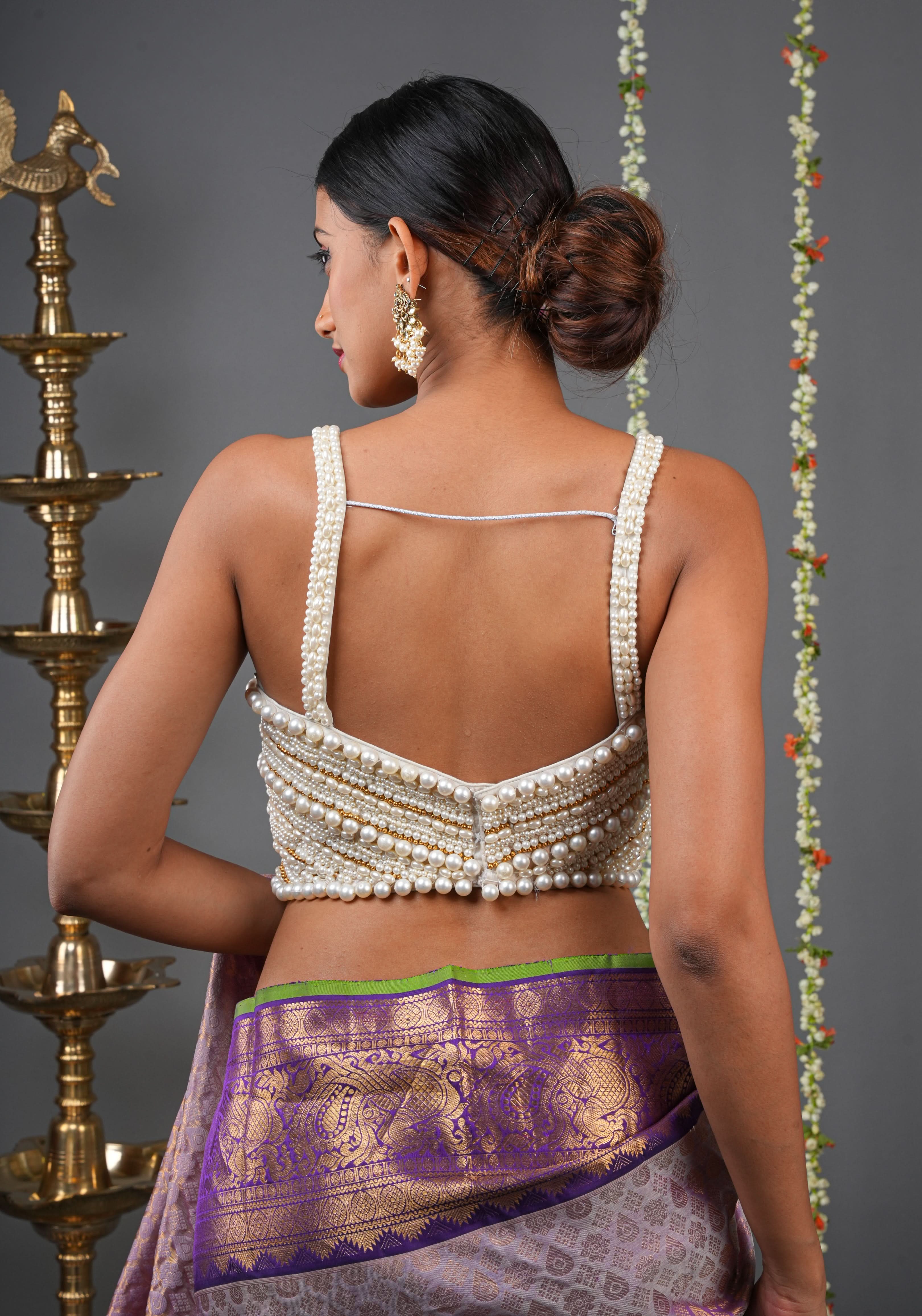 Made To Order: White  Heavy Pearl Beaded Sleeveless Blouse | Shobitam