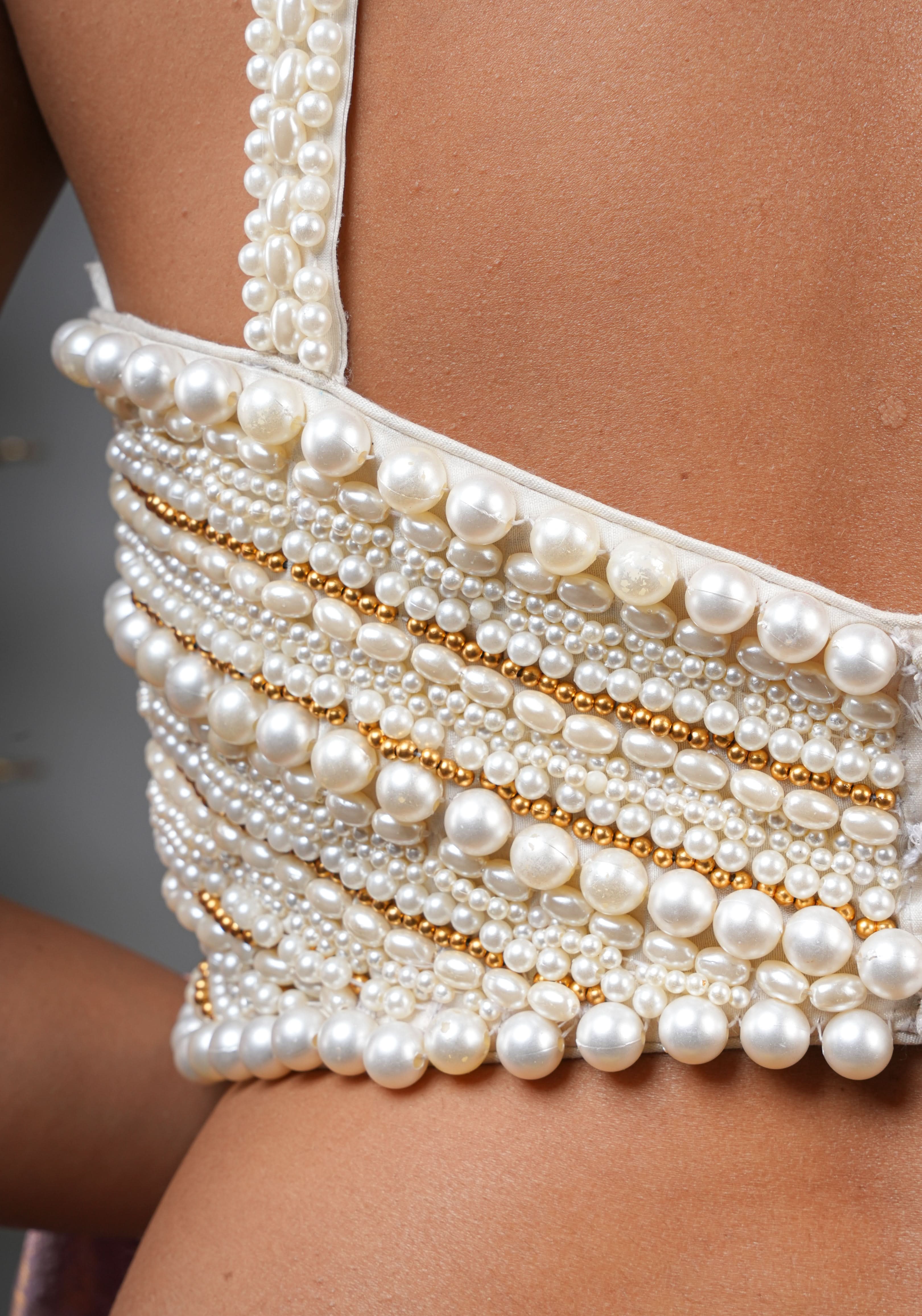 Made To Order: White  Heavy Pearl Beaded Sleeveless Blouse | Shobitam