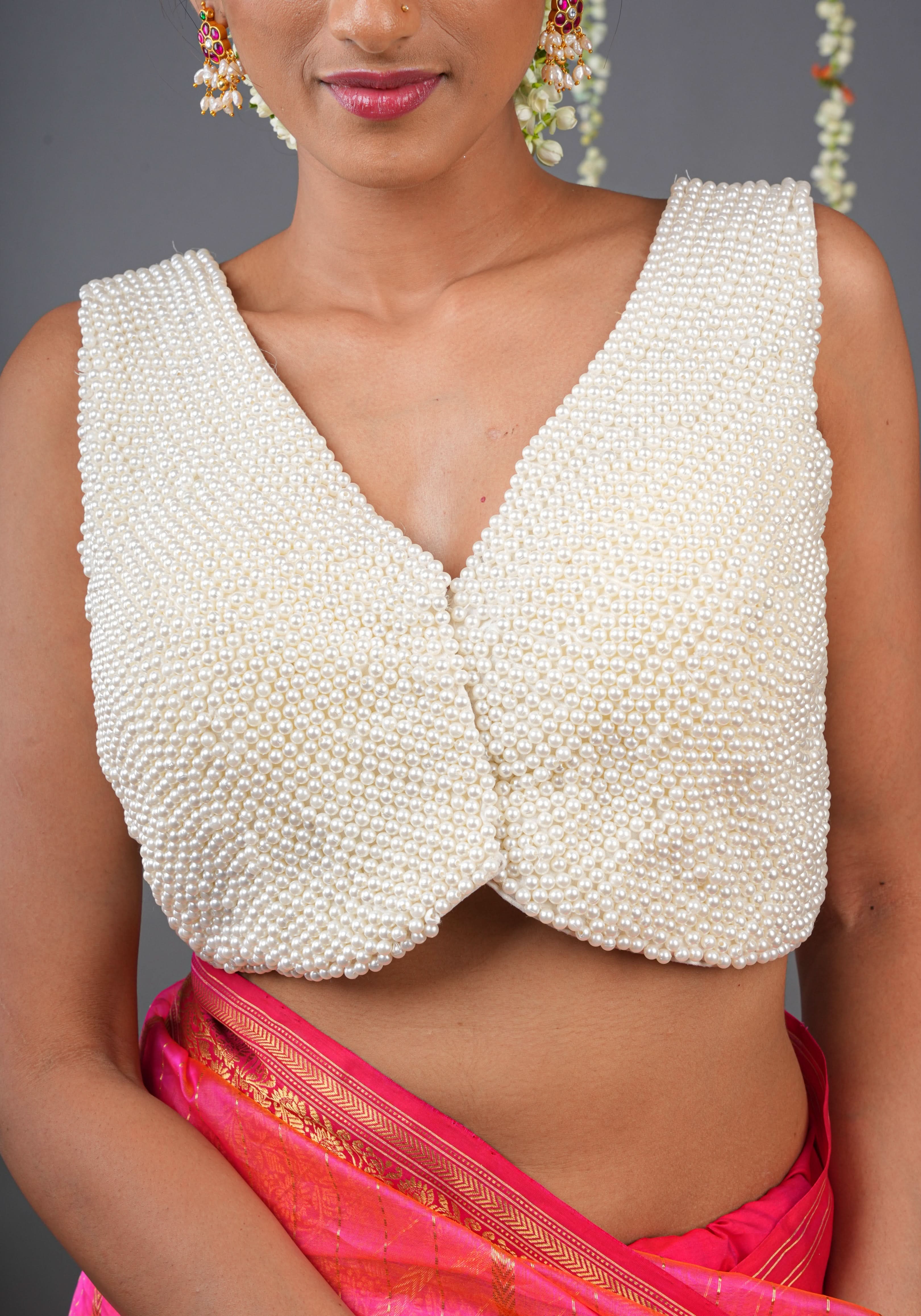 Moti jadau Blouse with Multiple moti strands in back, Made to Order | Shobitam