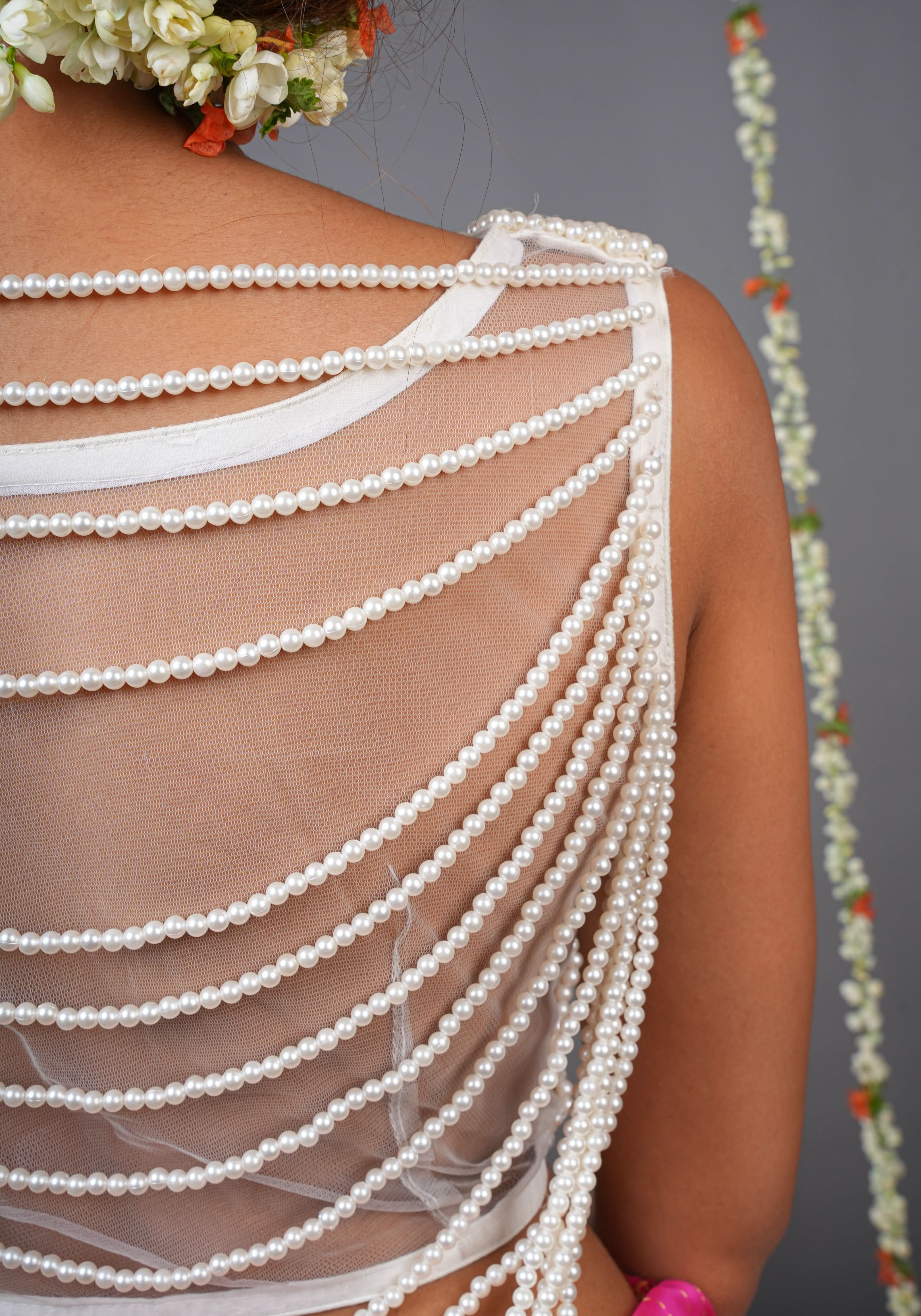Moti jadau Blouse with Multiple moti strands in back, Made to Order | Shobitam