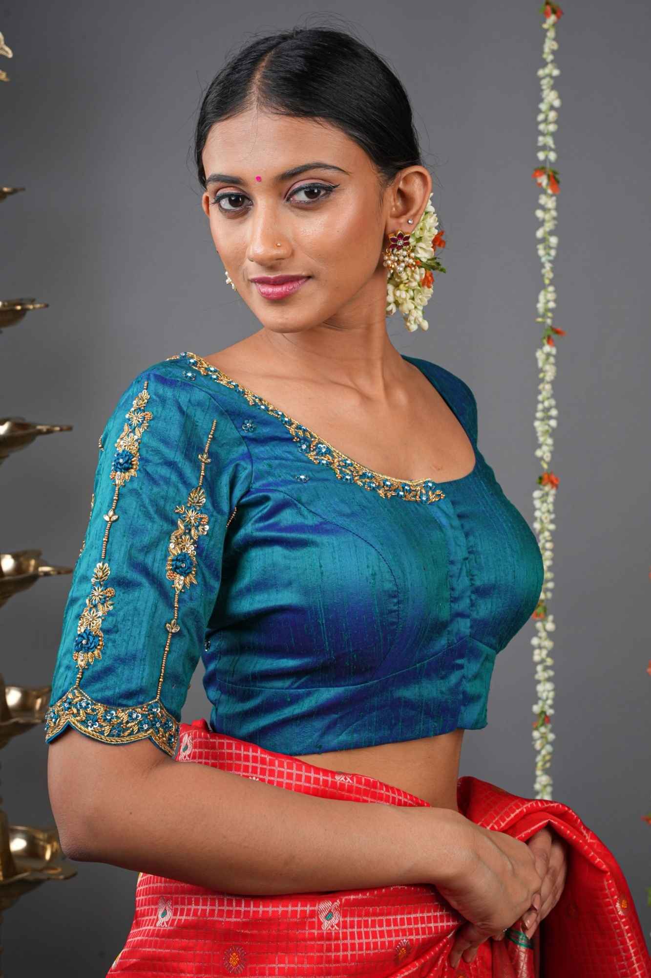 Made to Order: Peacock Blue Pure Raw Silk Blouse with Zardozi and Bead detailing