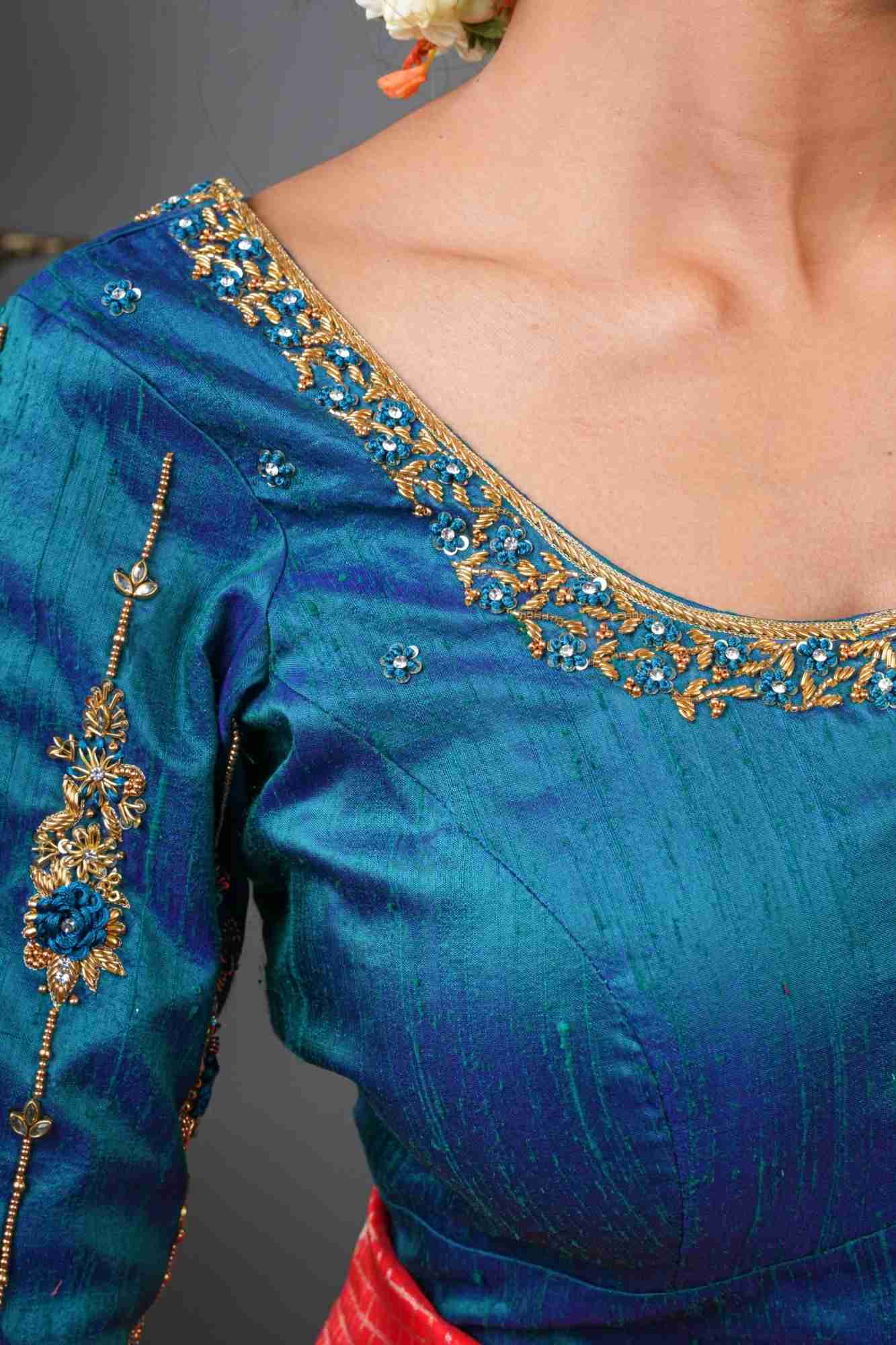 Made to Order: Peacock Blue Pure Raw Silk Blouse with Zardozi and Bead detailing