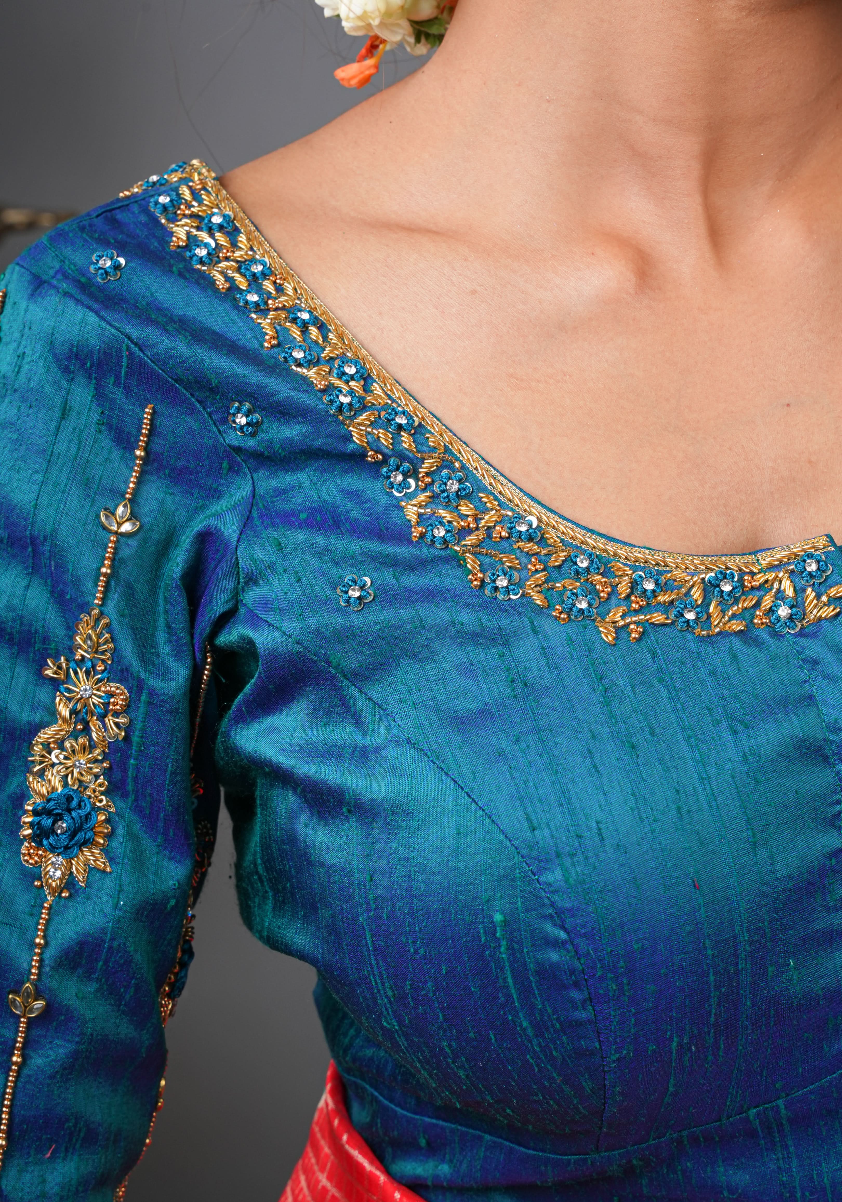Made to Order: Peacock Blue Pure Raw Silk Blouse with Zardozi and Bead detailing | Shobitam
