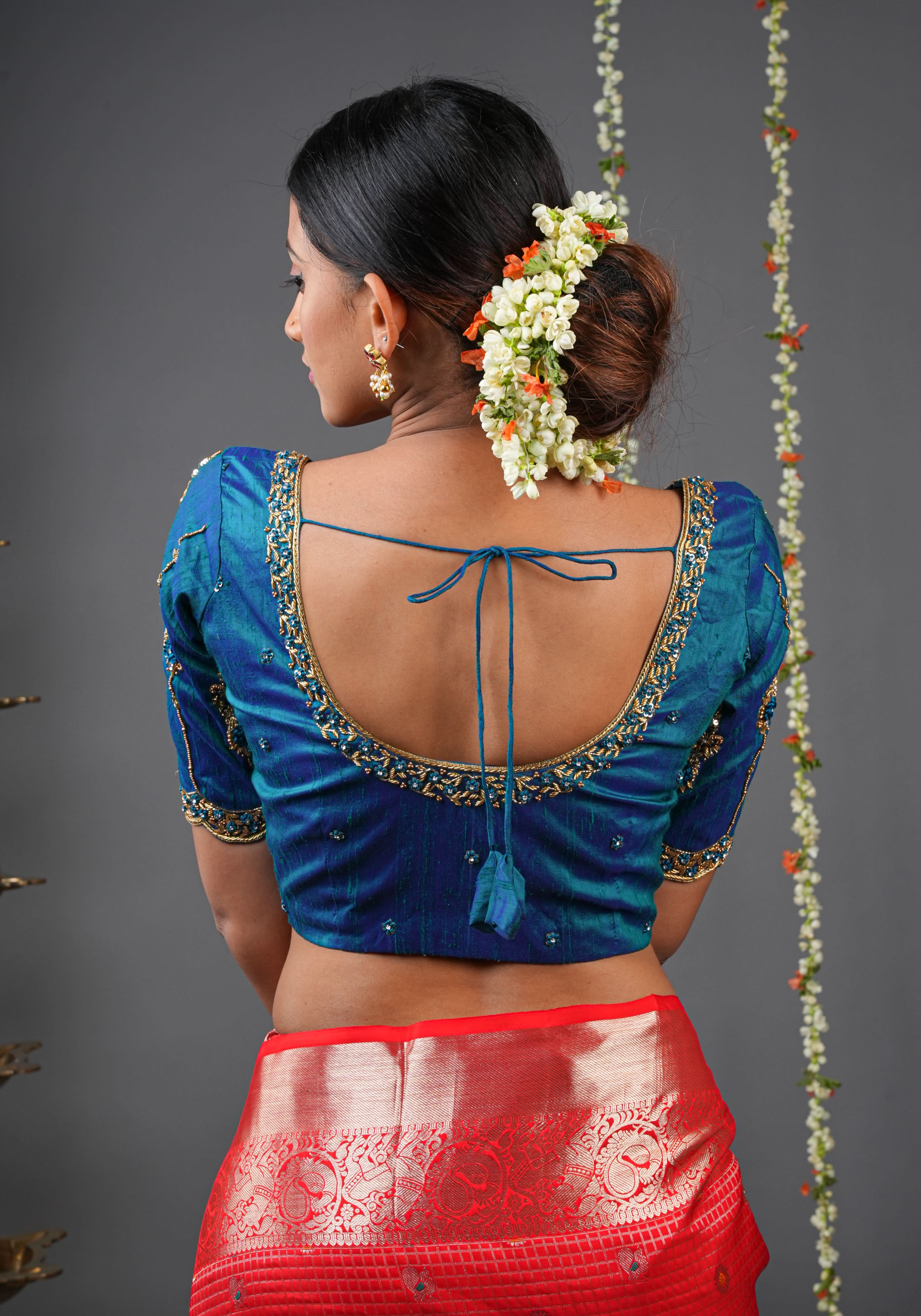 Made to Order: Peacock Blue Pure Raw Silk Blouse with Zardozi and Bead detailing | Shobitam