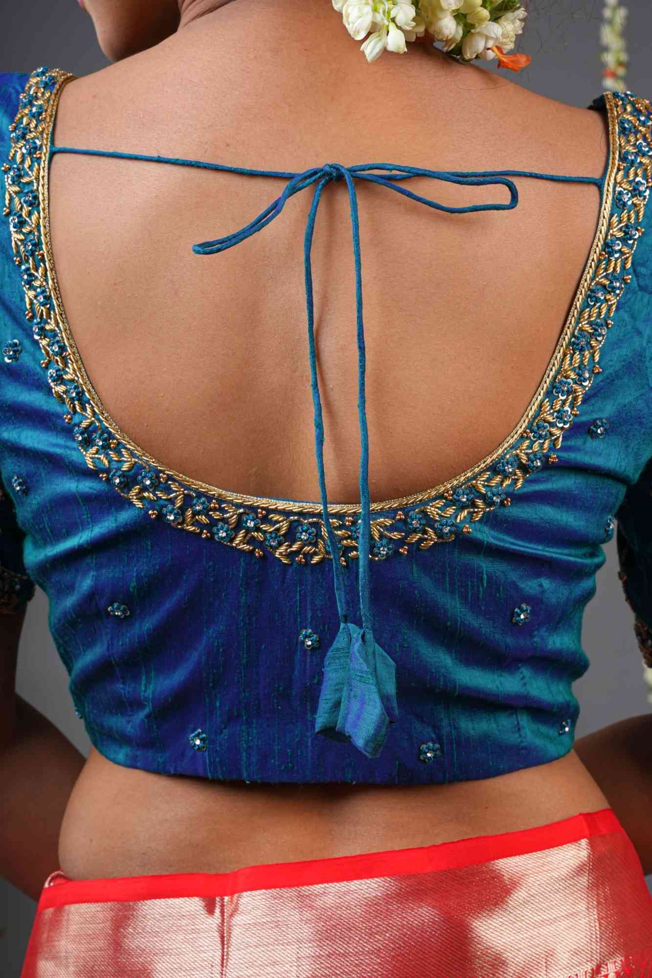 Made to Order: Peacock Blue Pure Raw Silk Blouse with Zardozi and Bead detailing