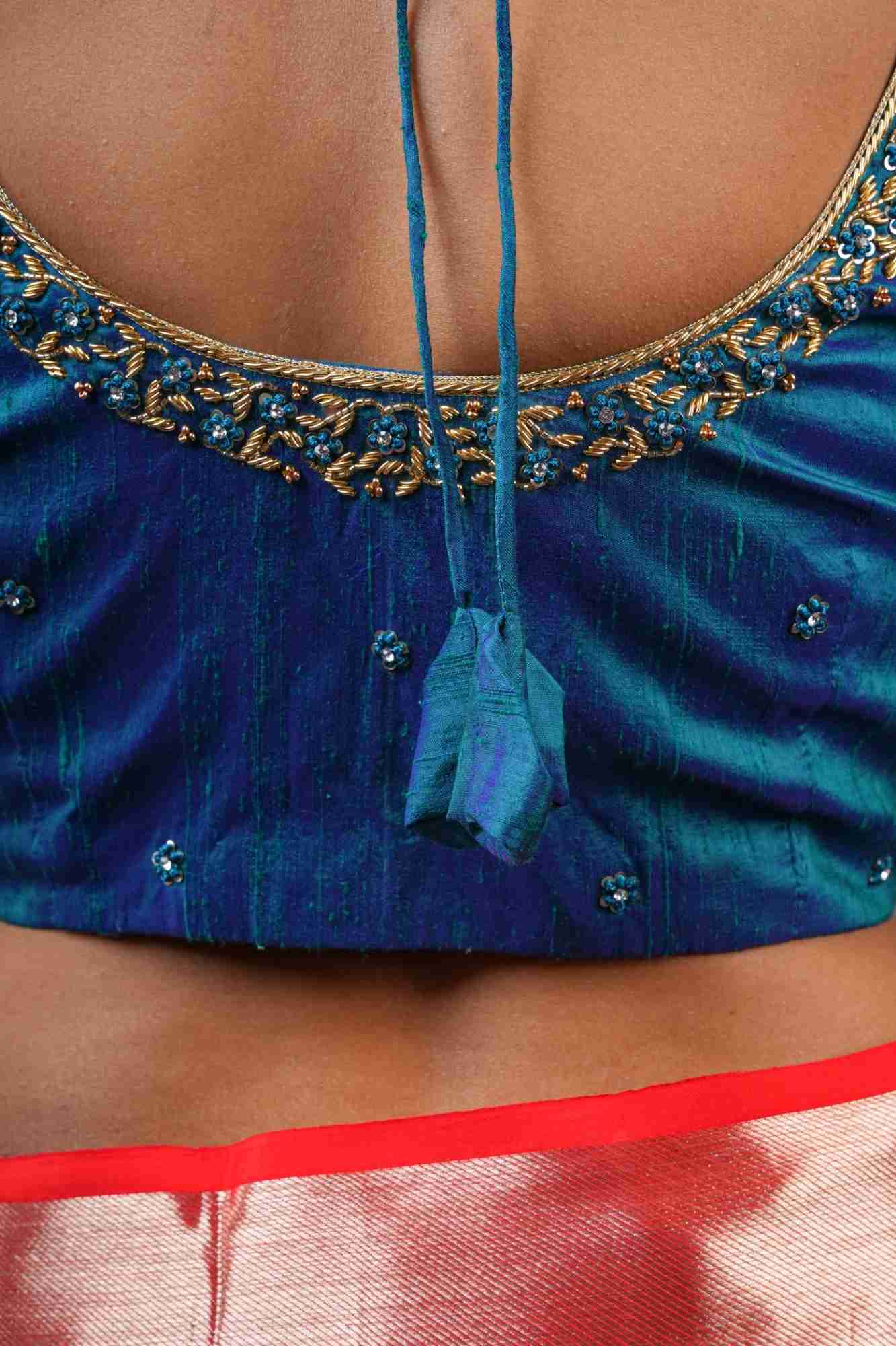 Made to Order: Peacock Blue Pure Raw Silk Blouse with Zardozi and Bead detailing