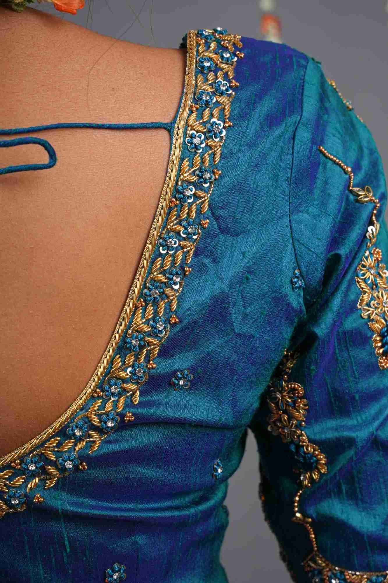 Made to Order: Peacock Blue Pure Raw Silk Blouse with Zardozi and Bead detailing