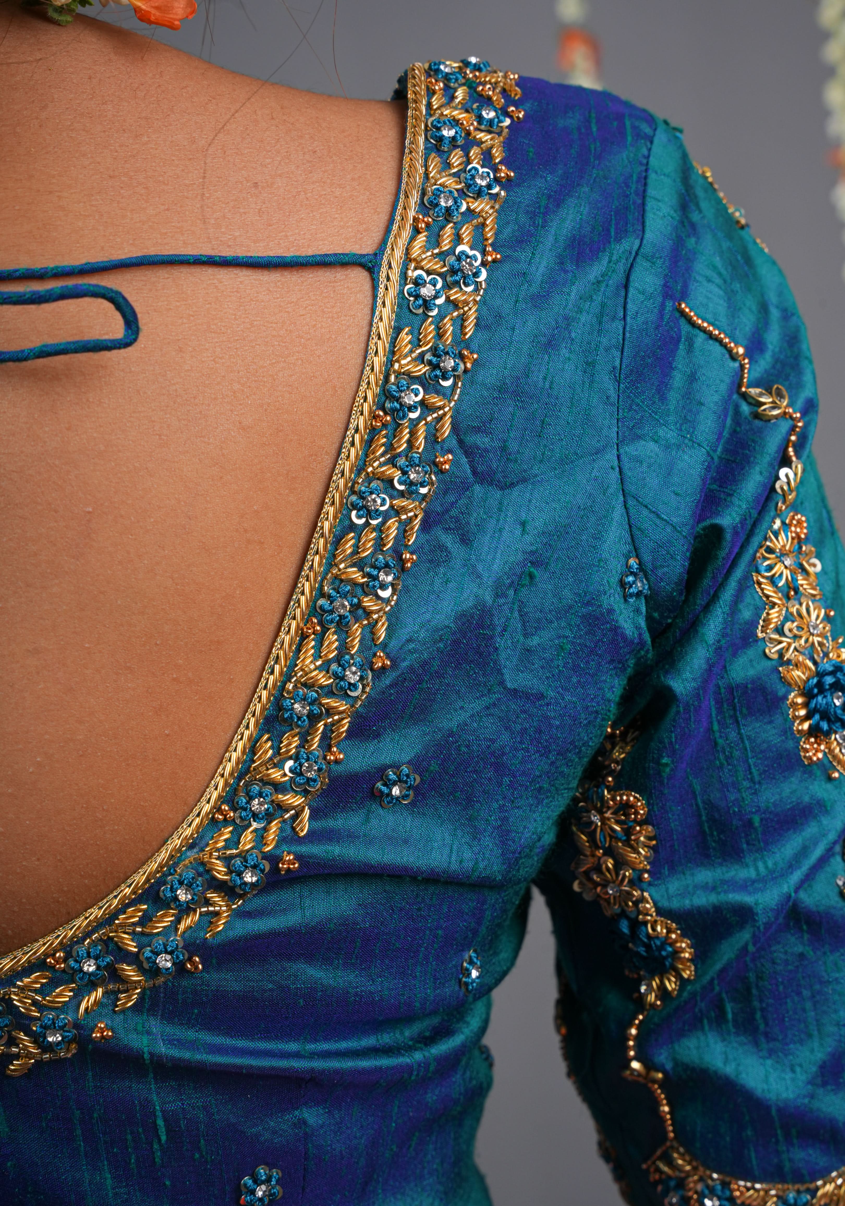 Made to Order: Peacock Blue Pure Raw Silk Blouse with Zardozi and Bead detailing | Shobitam